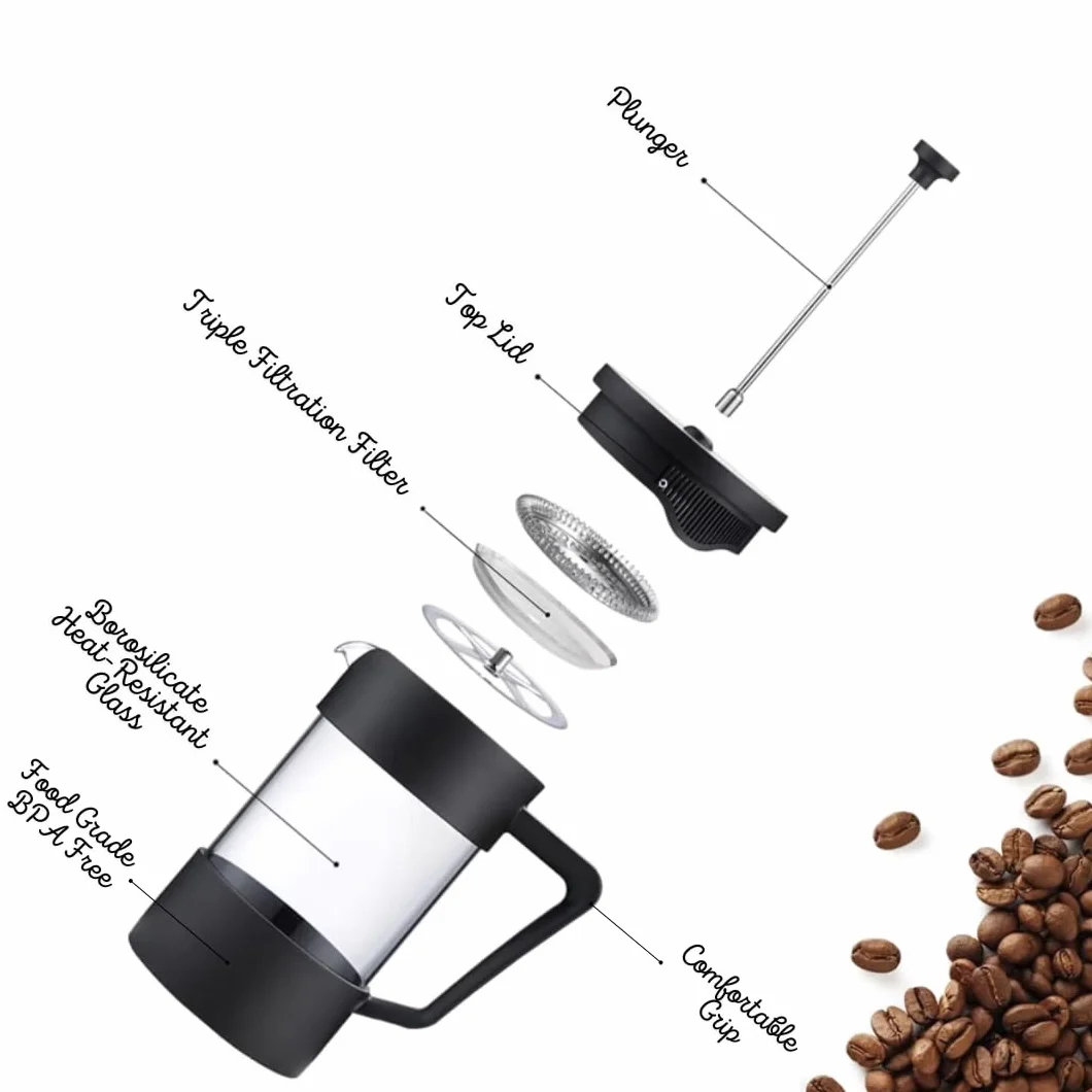 Cafetière à piston W&M en verre borosilicate et acier inoxydable, triple filtre - Noir