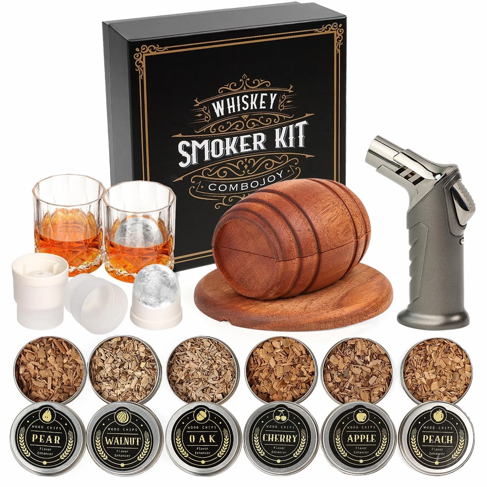 Kit de Fumoir pour Whisky avec Chalumeau - 6 Arômes de Copeaux de Bois, 2 Verres, 2 Moules à Glaçons Sphériques - Kit Fumoir Cocktail, Cadeau Homme