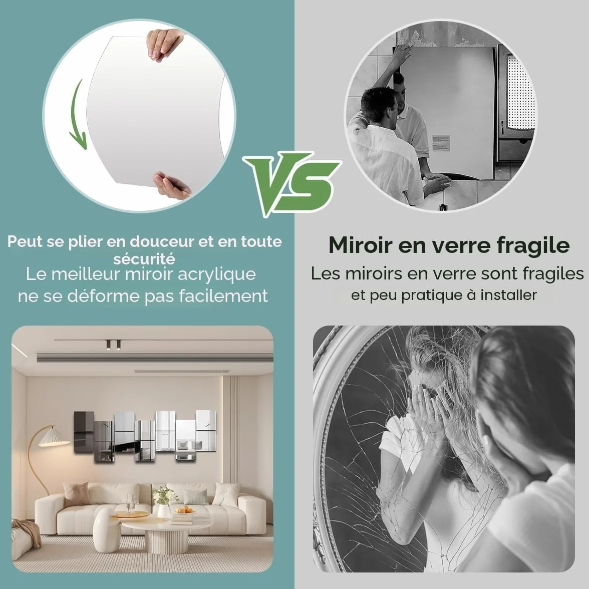 Autocollants en miroir acrylique HD pour murs, carreaux bricolage, miroir autocollant sans verre incassable (Lot de 10/16)
