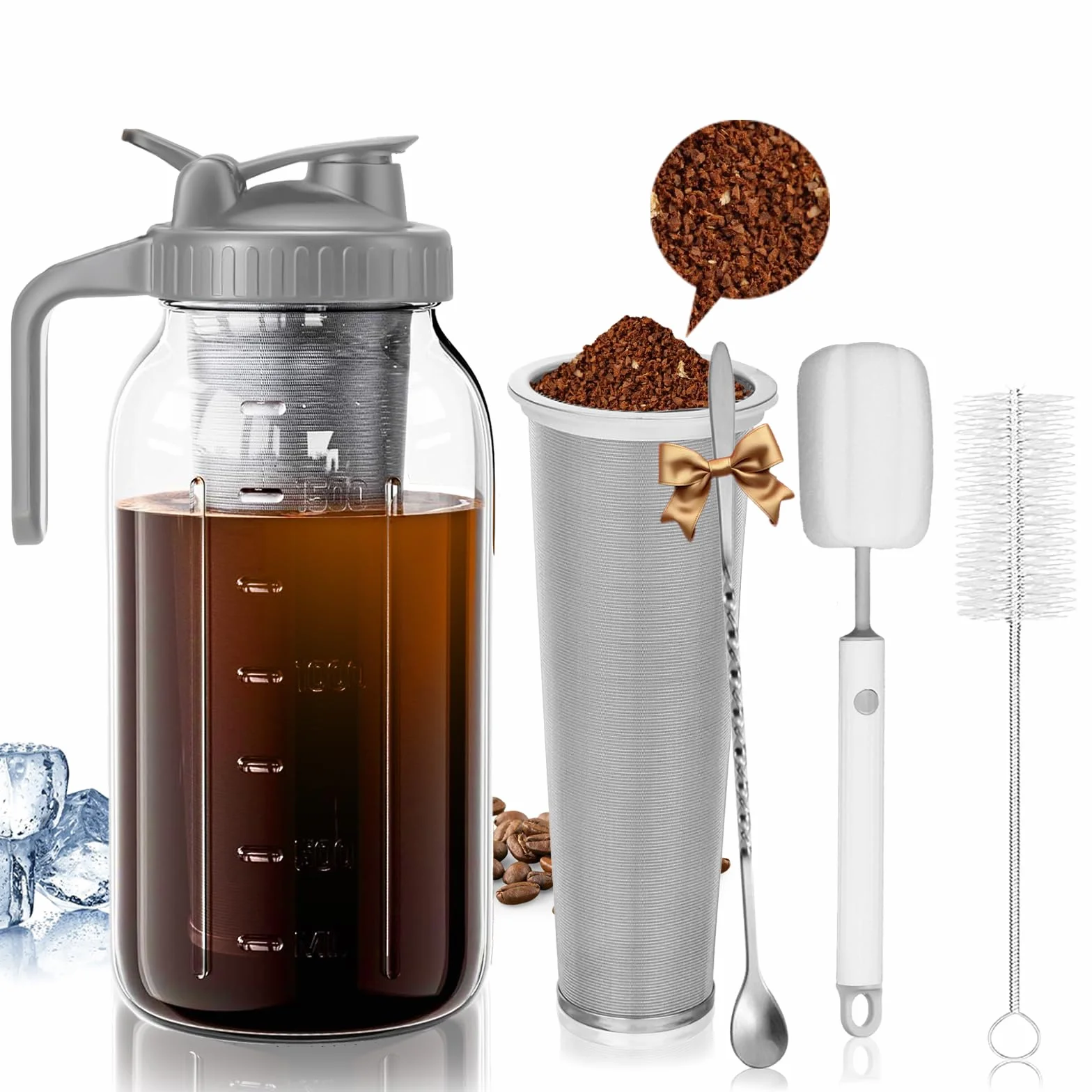 Cafetière à infusion froide 1,8 L, filtre, pichet en verre épais, couvercle étanche, brosse sans BPA, passe au lave-vaisselle (gris)