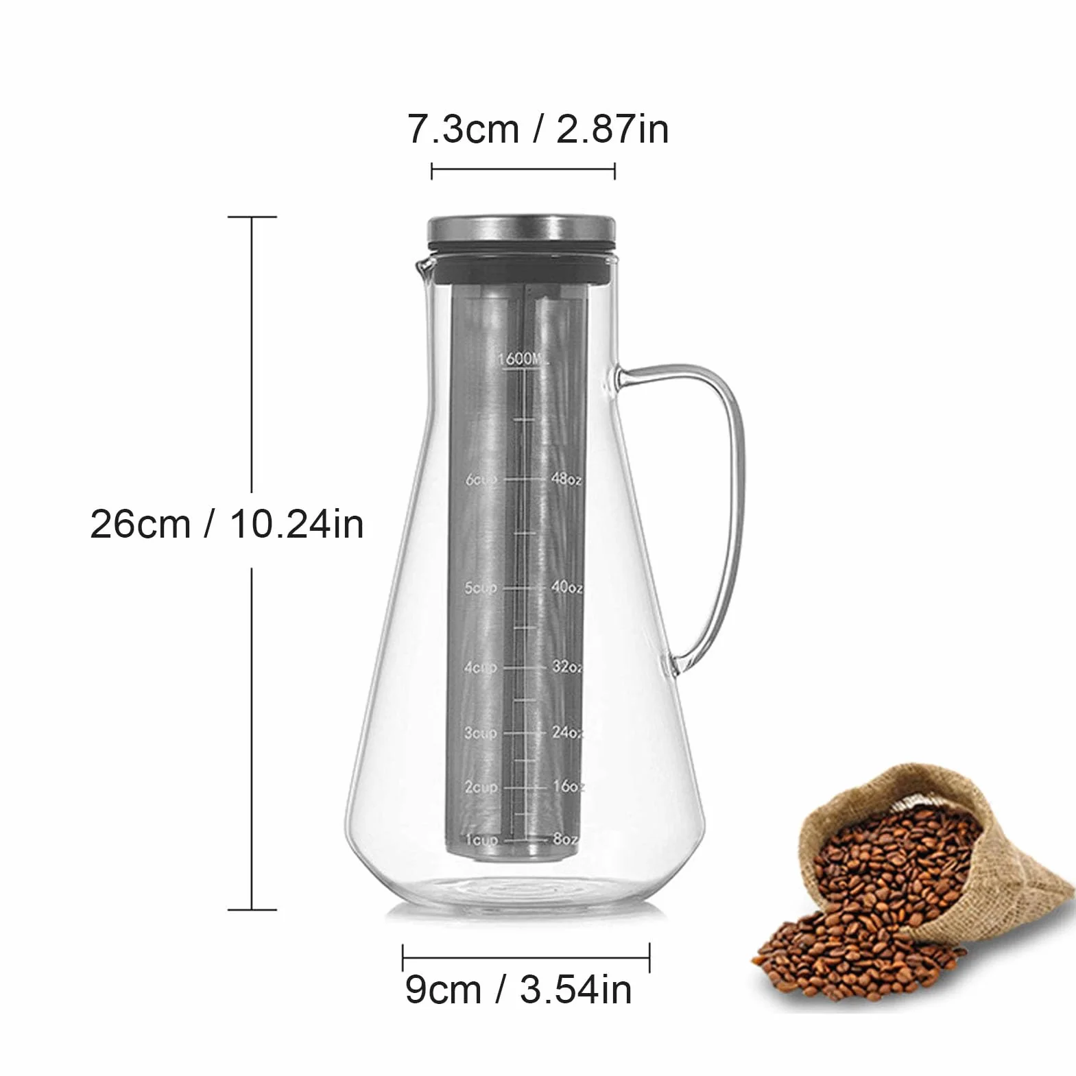 Cafetière à Infusion à Froid en Acier Inoxydable Pichet Verre Borosilicate 1600ML