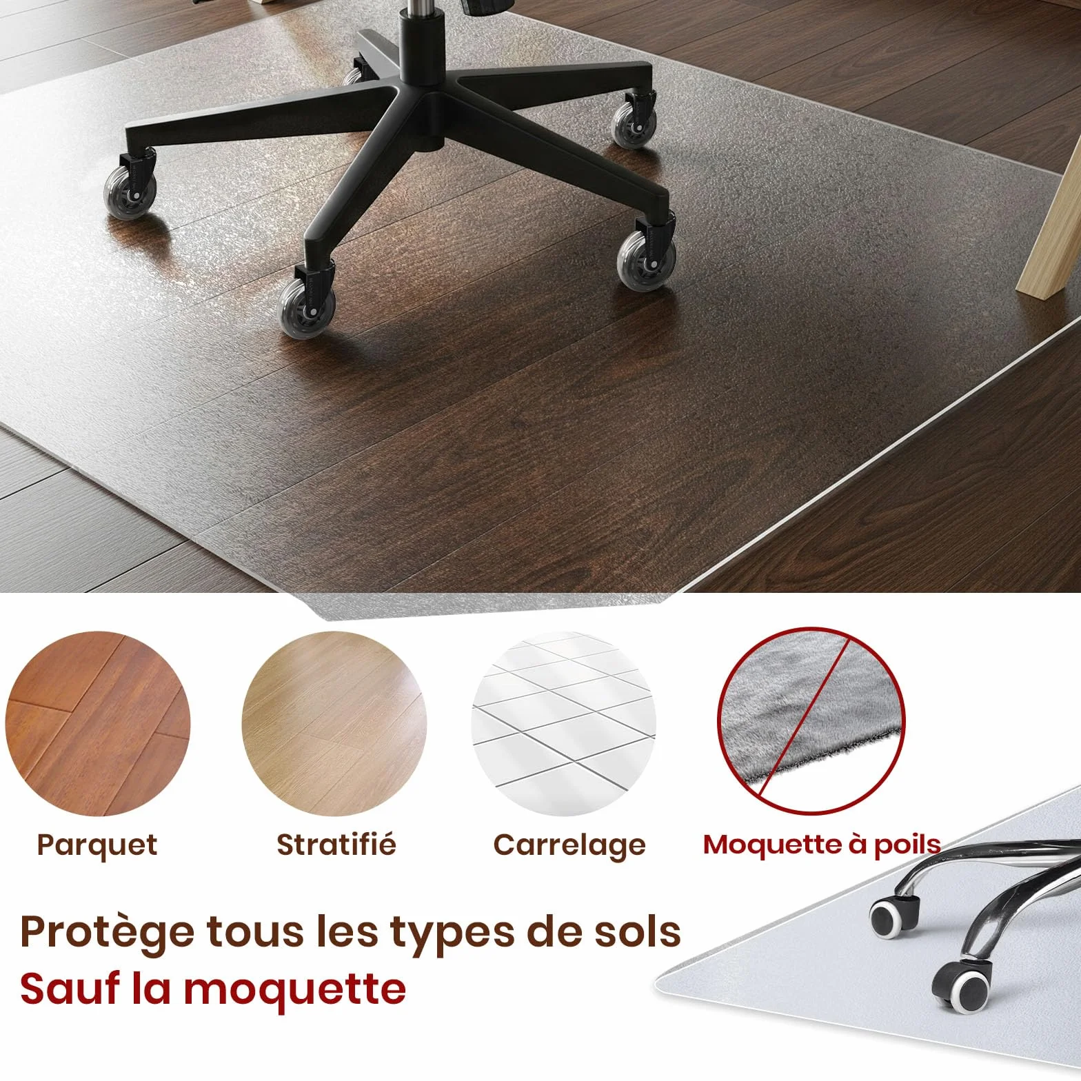 COSYLAND Tapis Chaise de Bureau Effet Givré 90x120cm Antidérapant Protège-Parquet