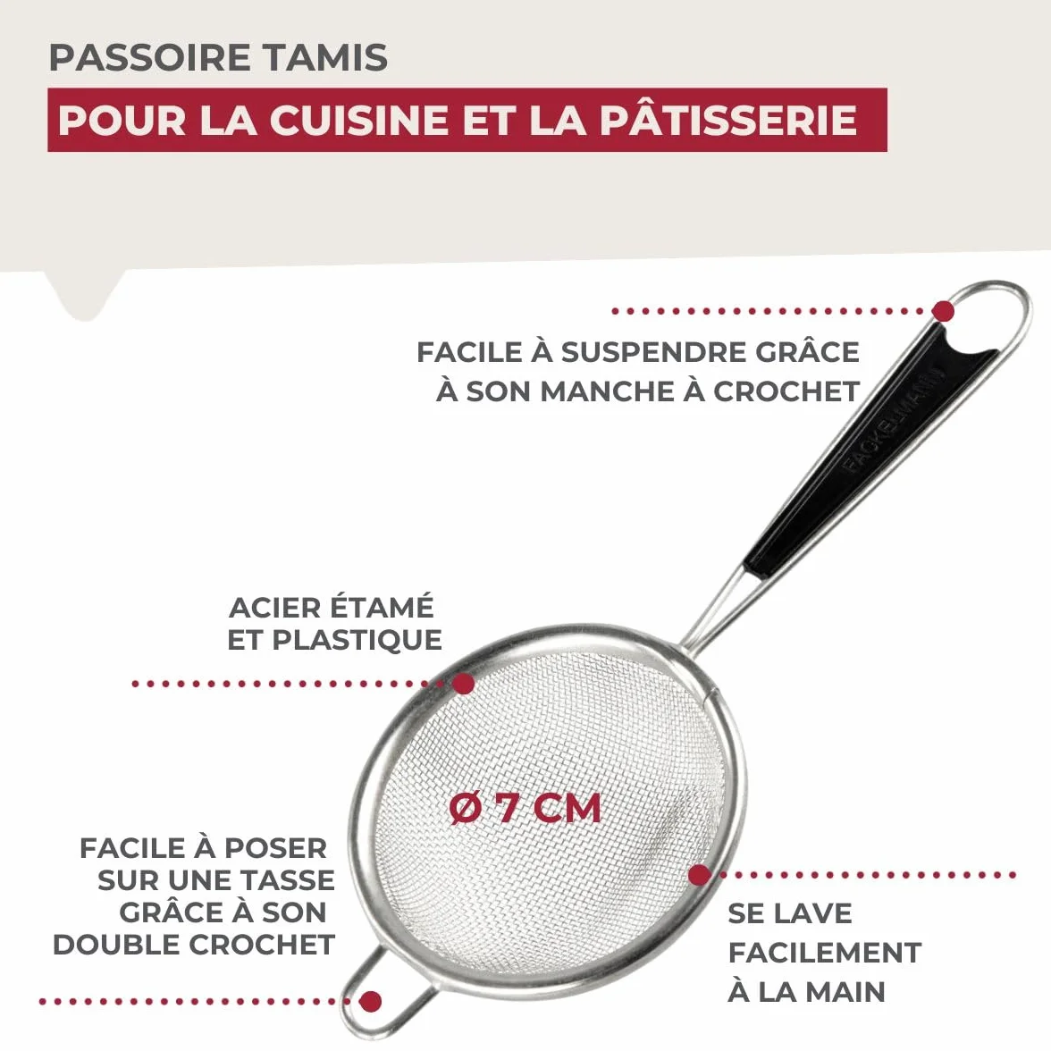 Fackelmann Petite passoire Chinois Tamis de Cuisine Acier Inoxydable Noir 7 cm