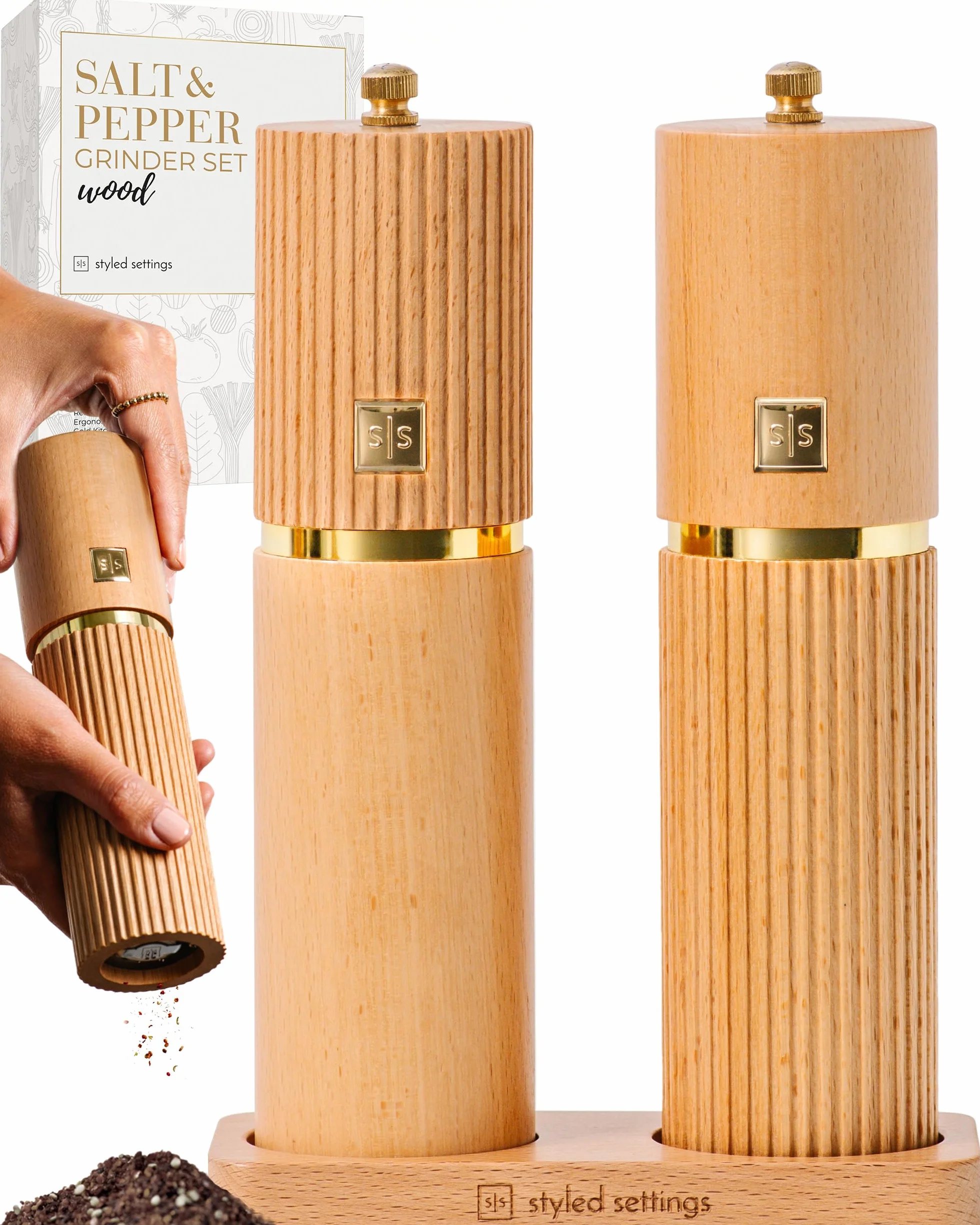 Moulin à sel et poivre en bois Styled Settings avec accents dorés – Ensemble rechargeable moulins céramiques réglables support assorti