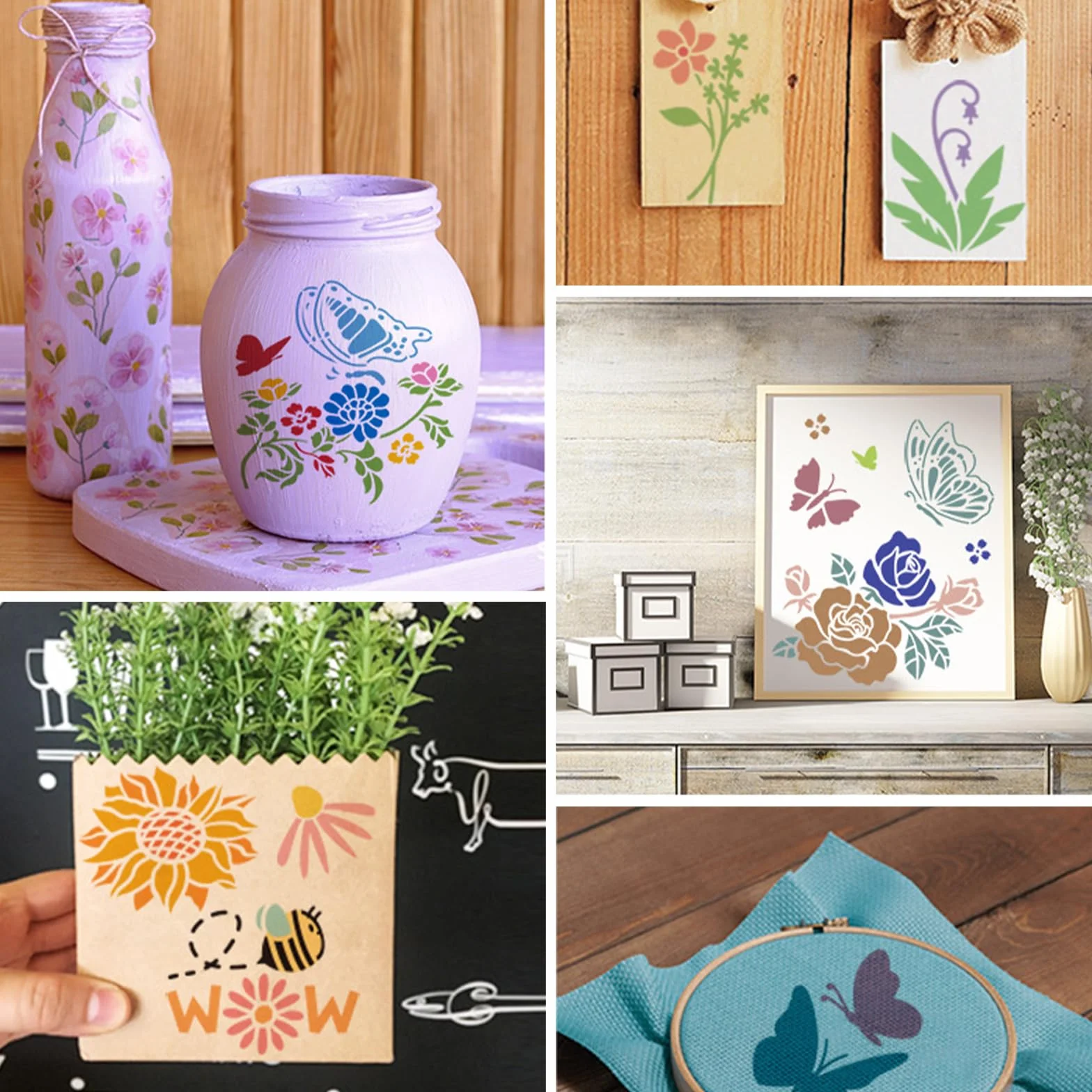 Lot de 64 pochoirs réutilisables 7,6 x 7,6 cm pour peinture plastique bricolage motifs fleurs feuilles
