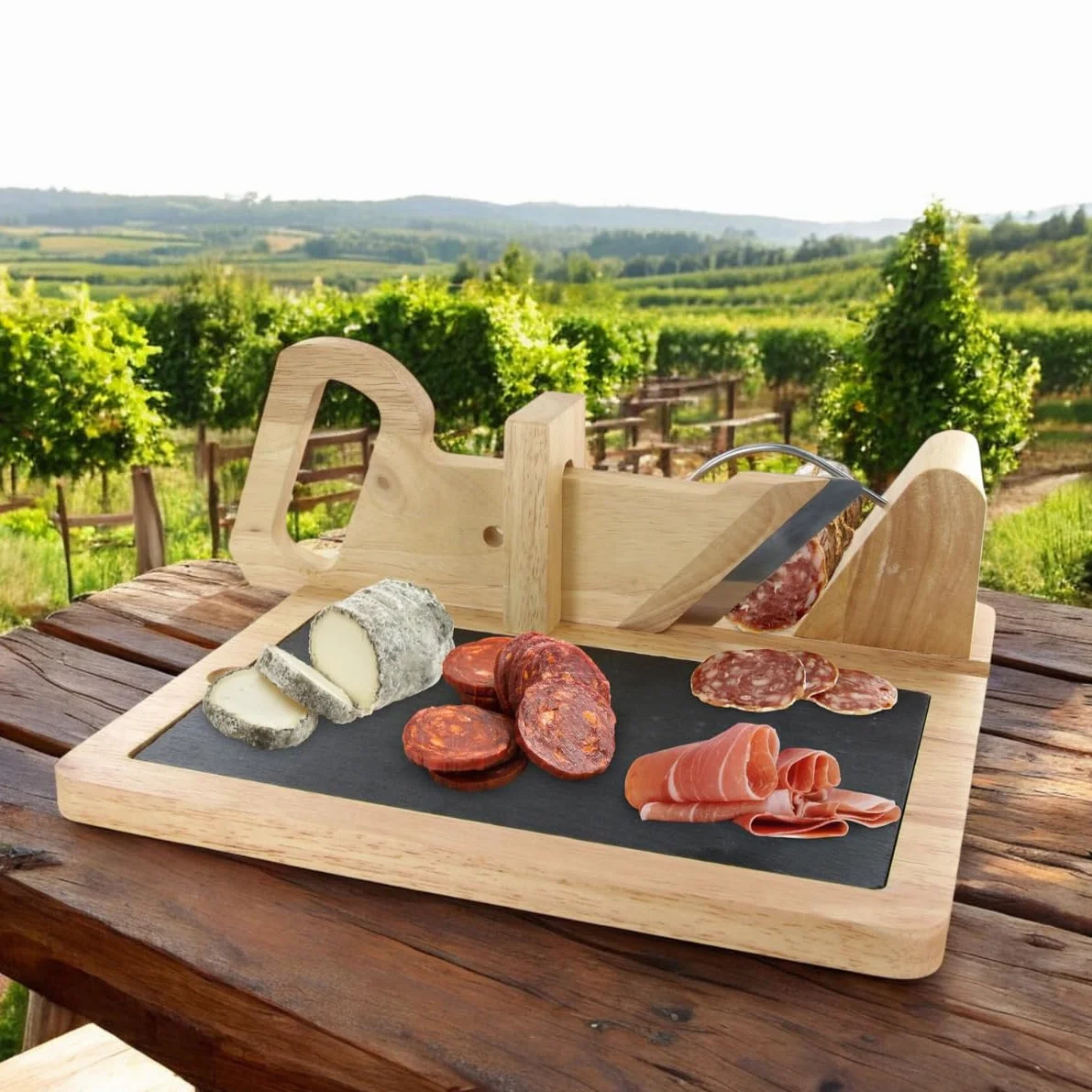 Trancheuse Saucisson Bois Guillotine Manuelle Coupe Charcuterie Multifonctions Plateau Ardoise Pochon