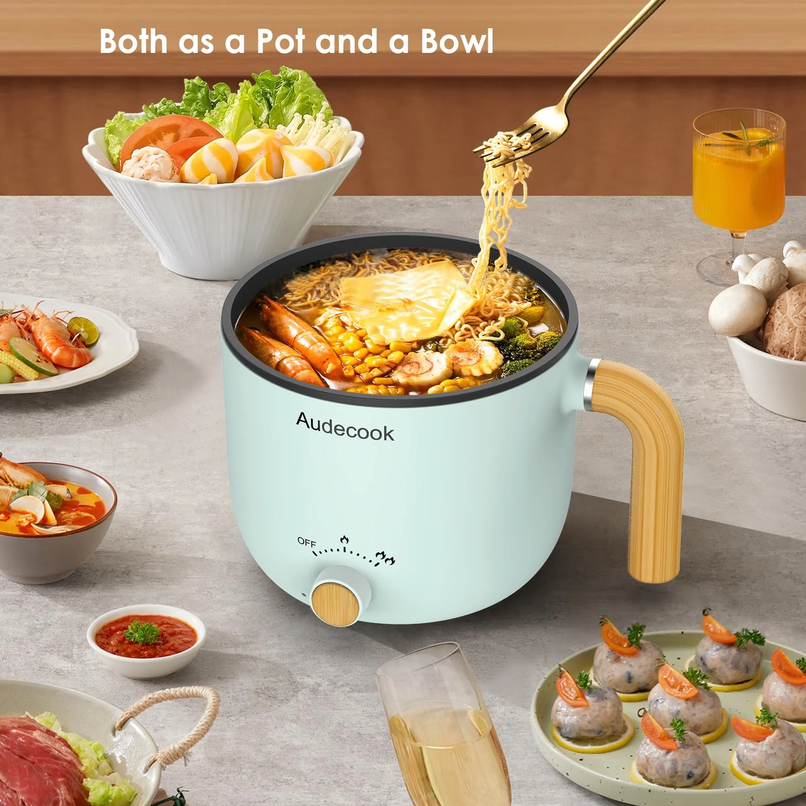 Audecook Hot Pot électrique 1.5L Portable Cuiseur à Vapeur Multifonction Vert