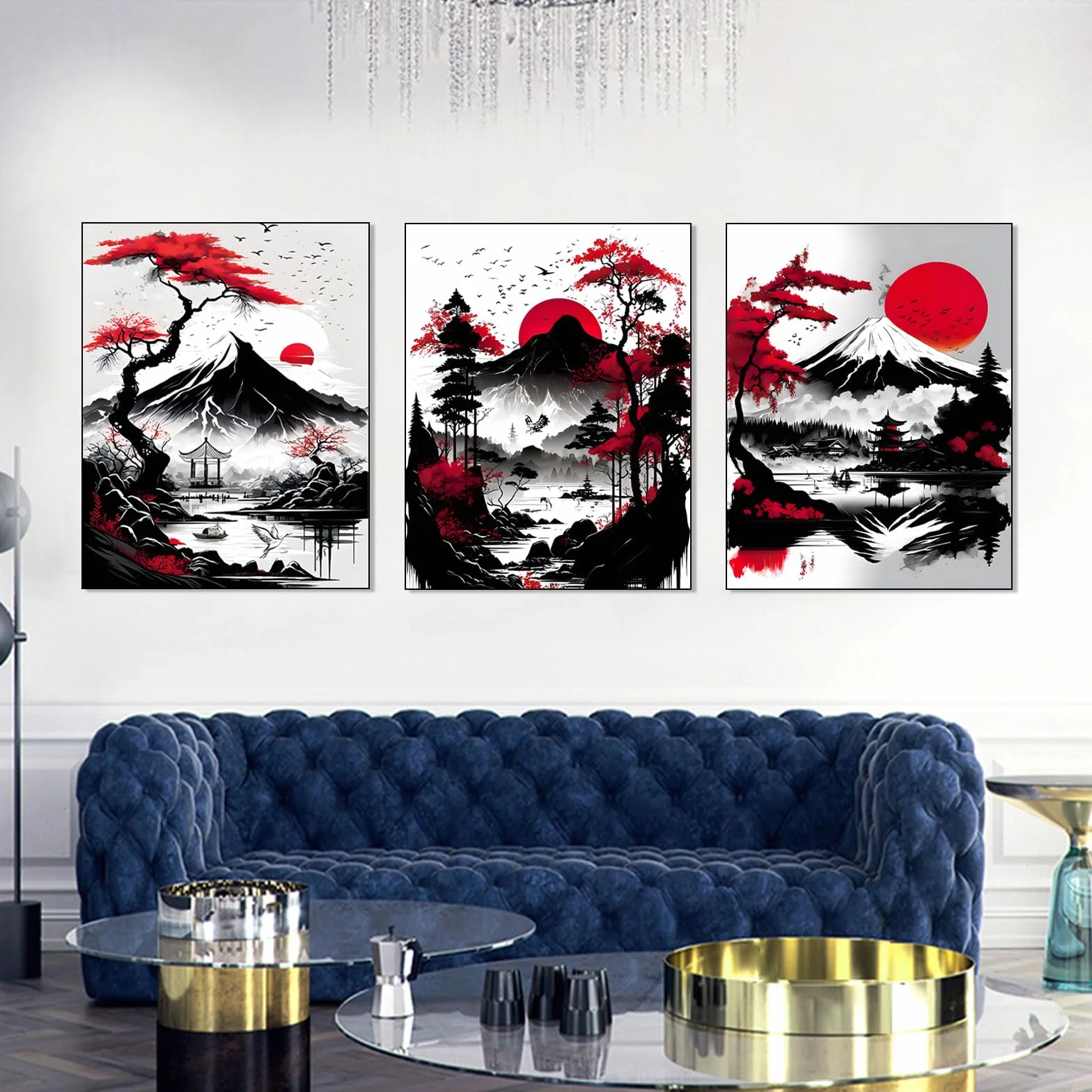 Poster de paysage japonais, temple japonais en automne noir et blanc, décoration murale sans cadre, 50 x 70 cm