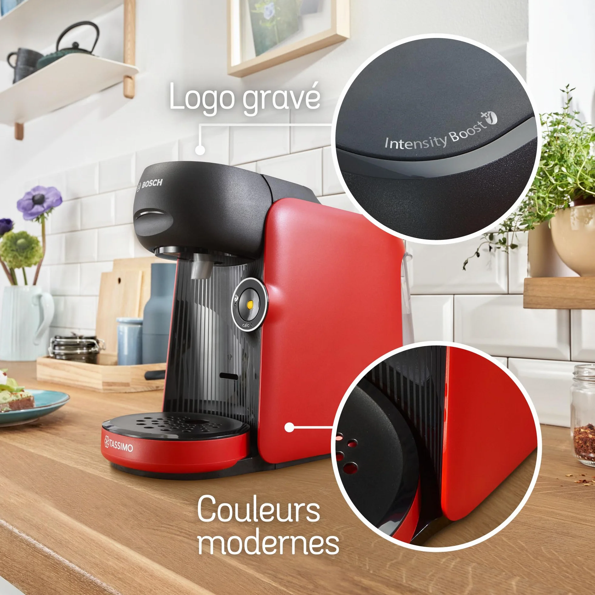 Bosch Tassimo Finesse TAS163E Machine à café multi-boissons, 70 boissons chaudes, IntensityBoost, cafétière à dosettes, rouge