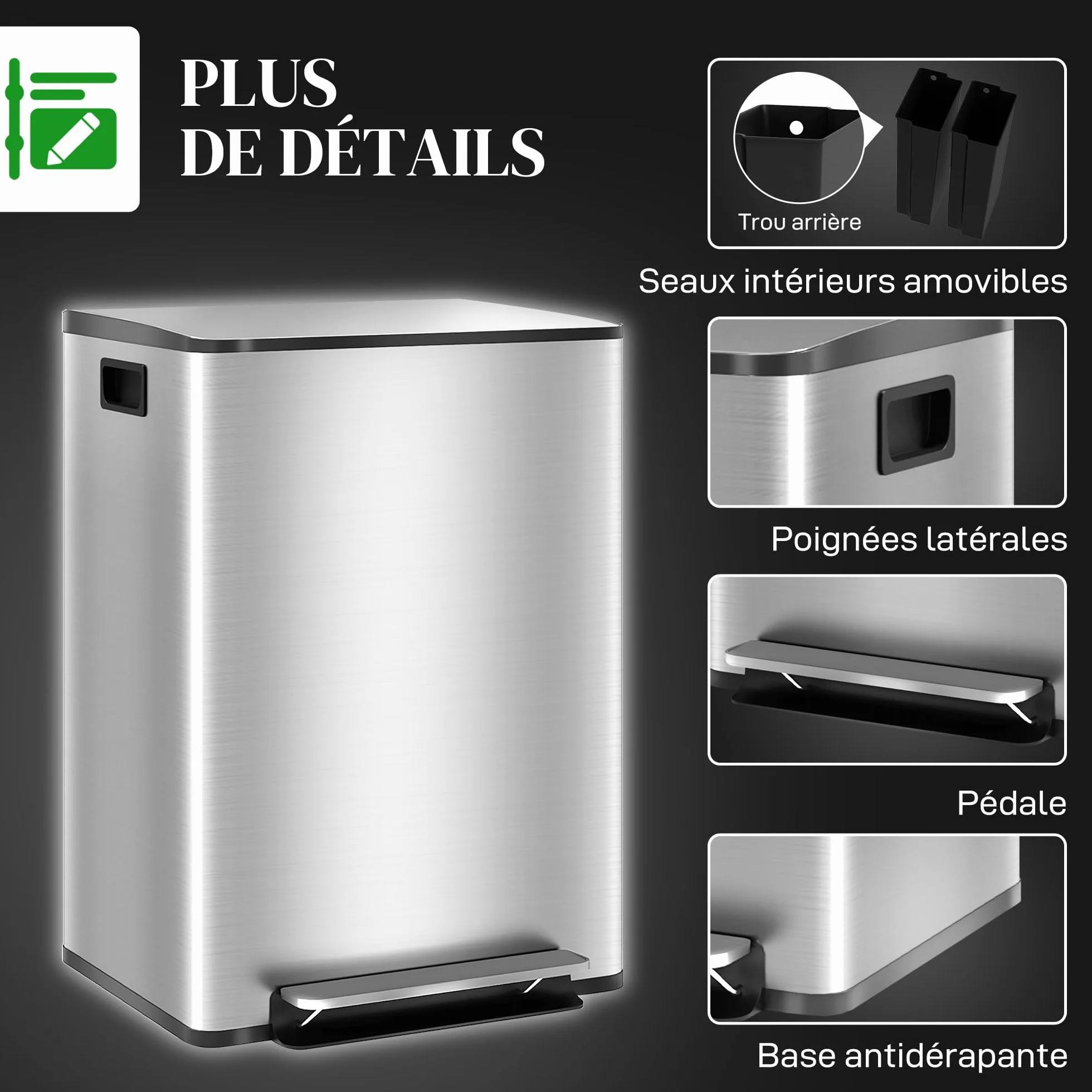 HOMCOM Poubelle de cuisine 2 x 30L à pédale acier inoxydable couvercle fermeture douce seaux amovibles 47,7x37,5x66,8 cm argenté
