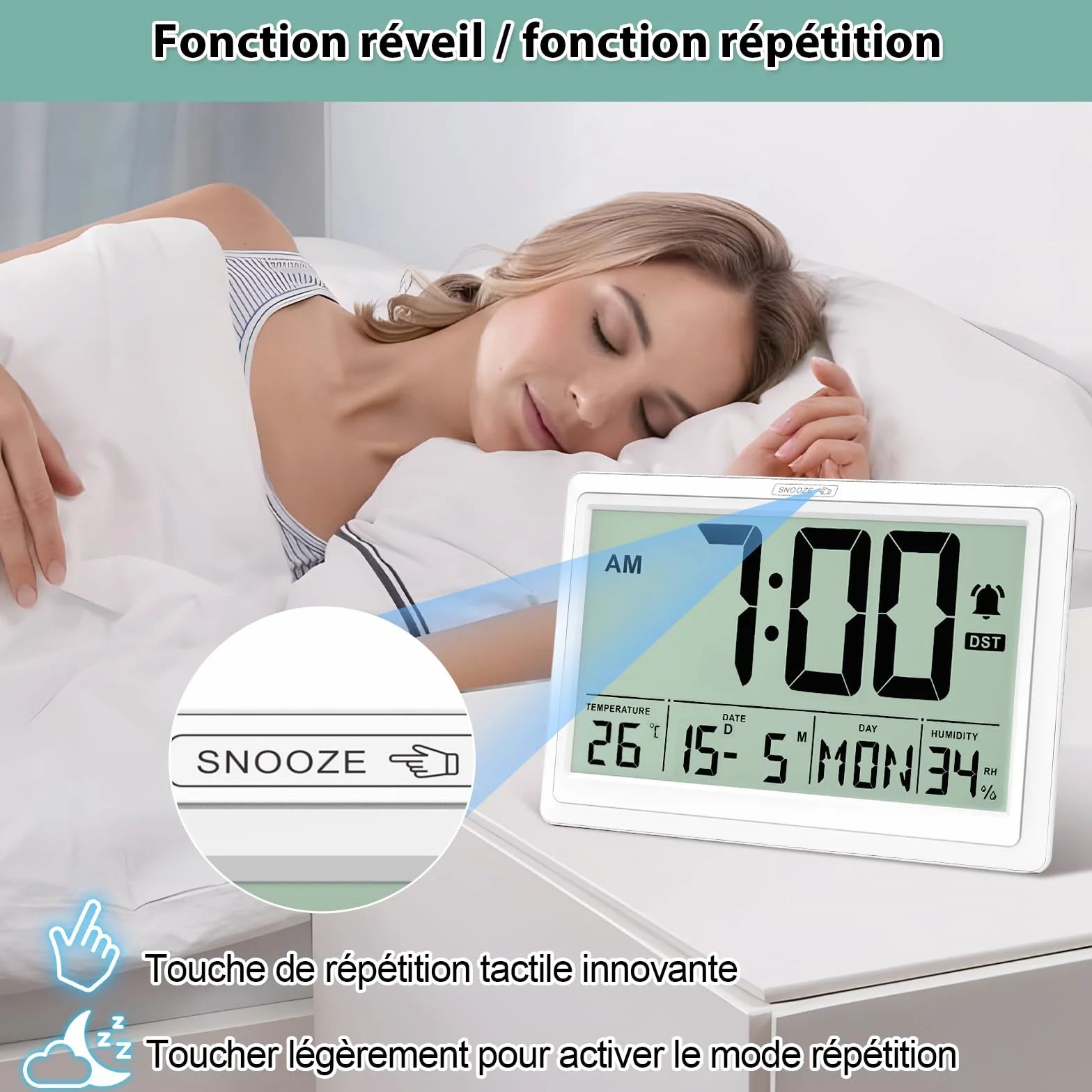 XREXS Horloge Murale Numérique 19,4 x 10,4 cm - Écran LCD HD, Réveil, Température & Humidité, 12/24h