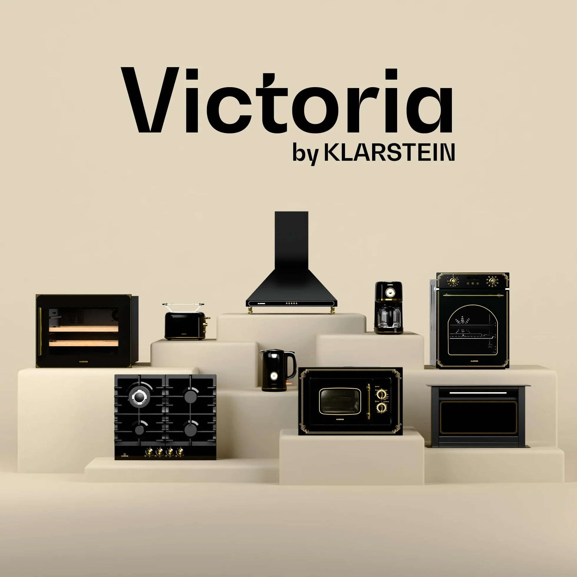 KLARSTEIN Victoria Set Petit-Déjeuner Complet – Grille-Pain 2 Fentes 7 Niveaux, Bouilloire Électrique 1,7L, Cafetière Filtre 12 Tasses, Design Rétro, Noir