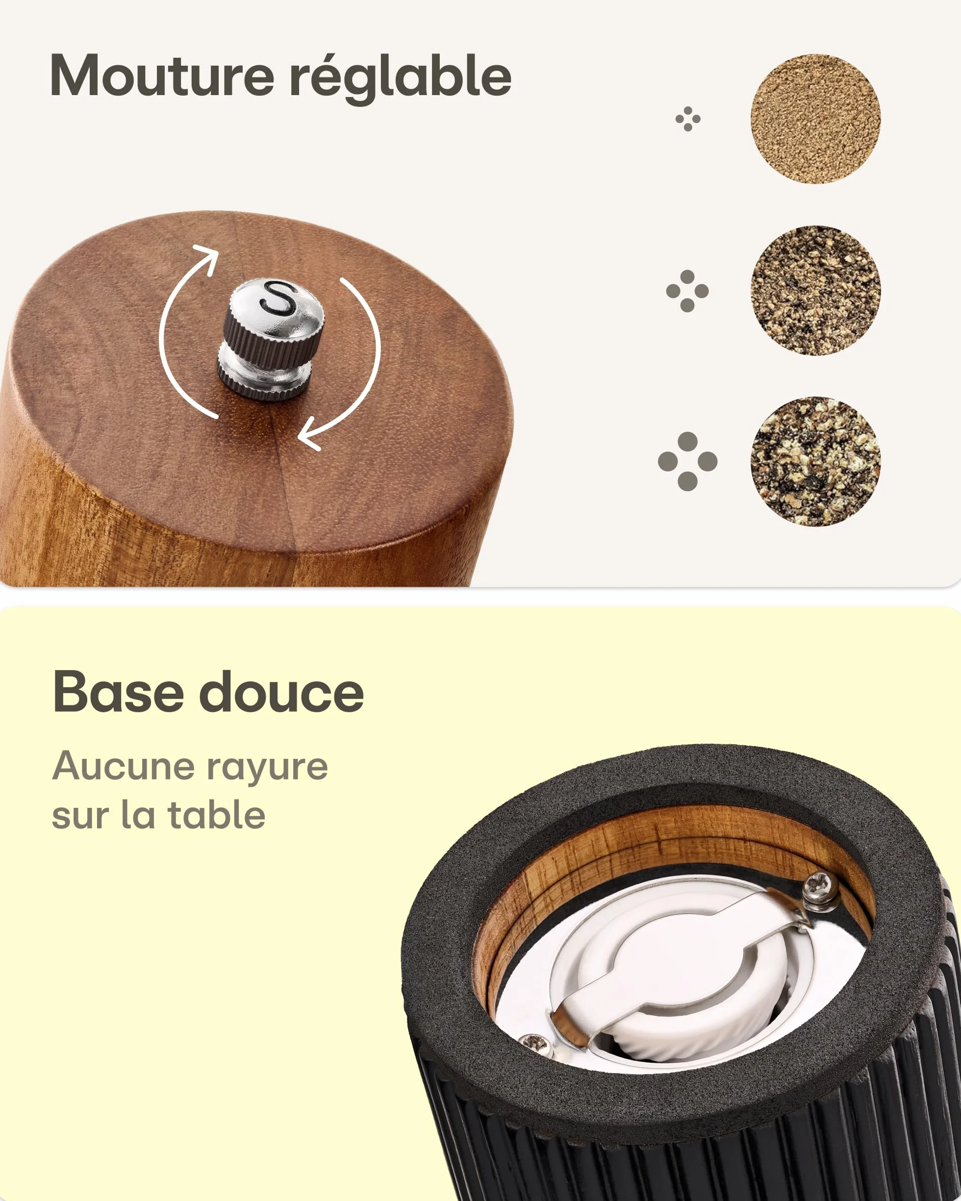 Moulin à Poivre et Sel Manuel en Bois d'Acacia FSC® avec Mécanisme Céramique Réglable Noir Petit