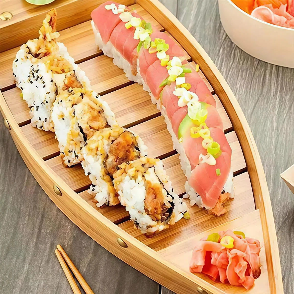 Générique Plateau de Service en Bois en Forme de Bateau à sushis pour la présentation des Aliments à la Maison et Lors d'événements (80 cm)