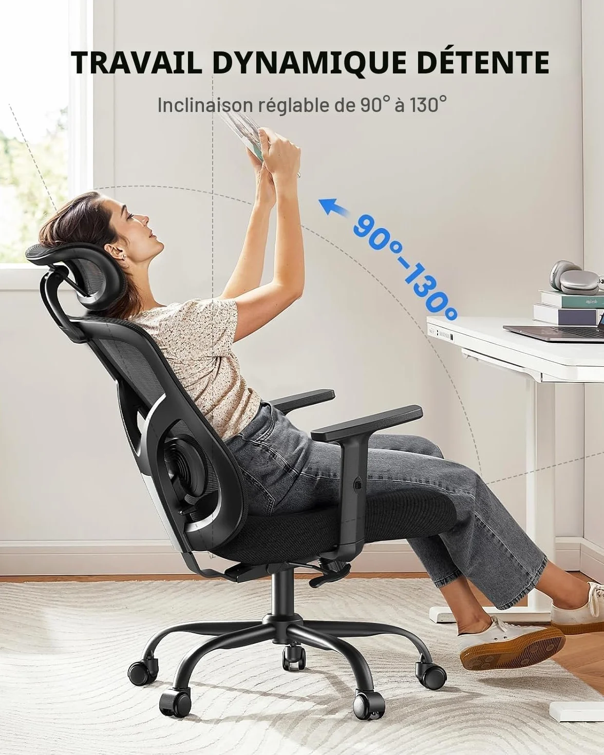 NOBLEWELL Chaise de Bureau Ergonomique Support Lombaire Appui-tête 2D Accoudoirs Réglables Coussin Amélioré Inclinaison Bascule 130° Ordinateur Bureau Domicile
