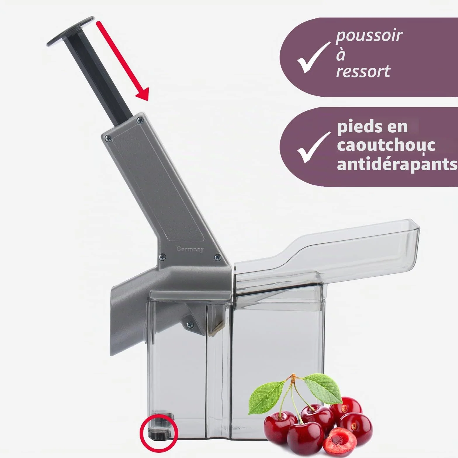 Westmark Kirschomat Dénoyauteur à Cerises avec Goulotte et Caissette à Noyaux, Plastique/Inox/Aluminium, Argenté/Noir/Transparent