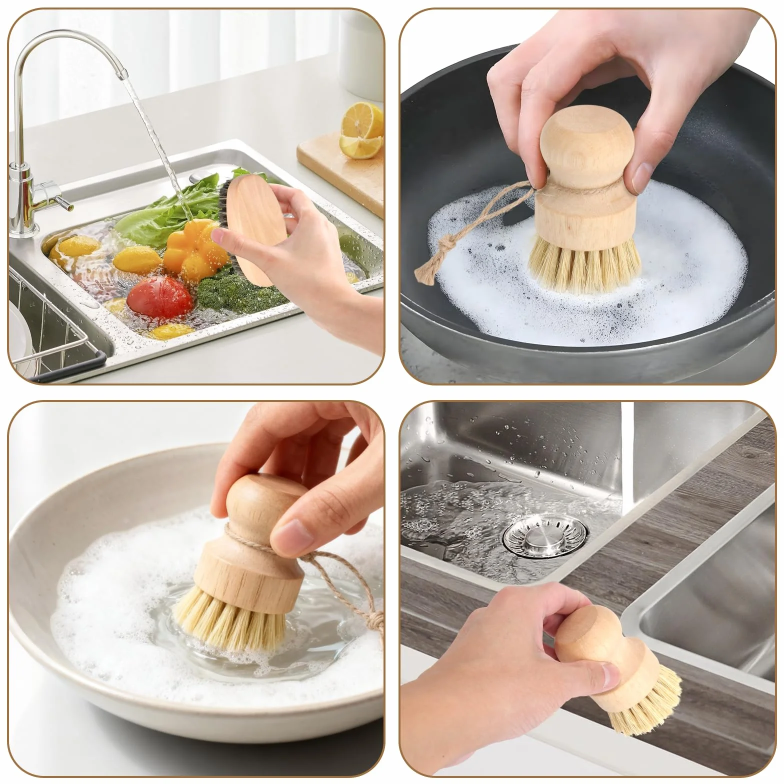Lot de 2 Brosses de Cuisine en Bois Naturel, Brosse à Légumes et Brosse à Casseroles Antimoisissure