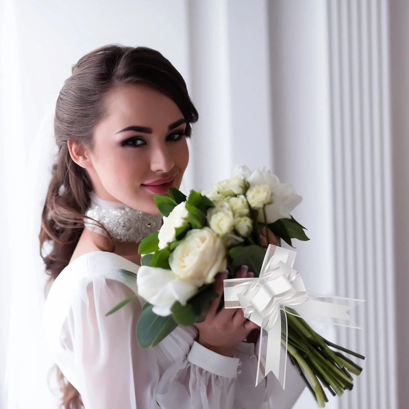 Lot de 50 Grands Nœuds en Organza Blanc pour Décorations Voiture de Mariage