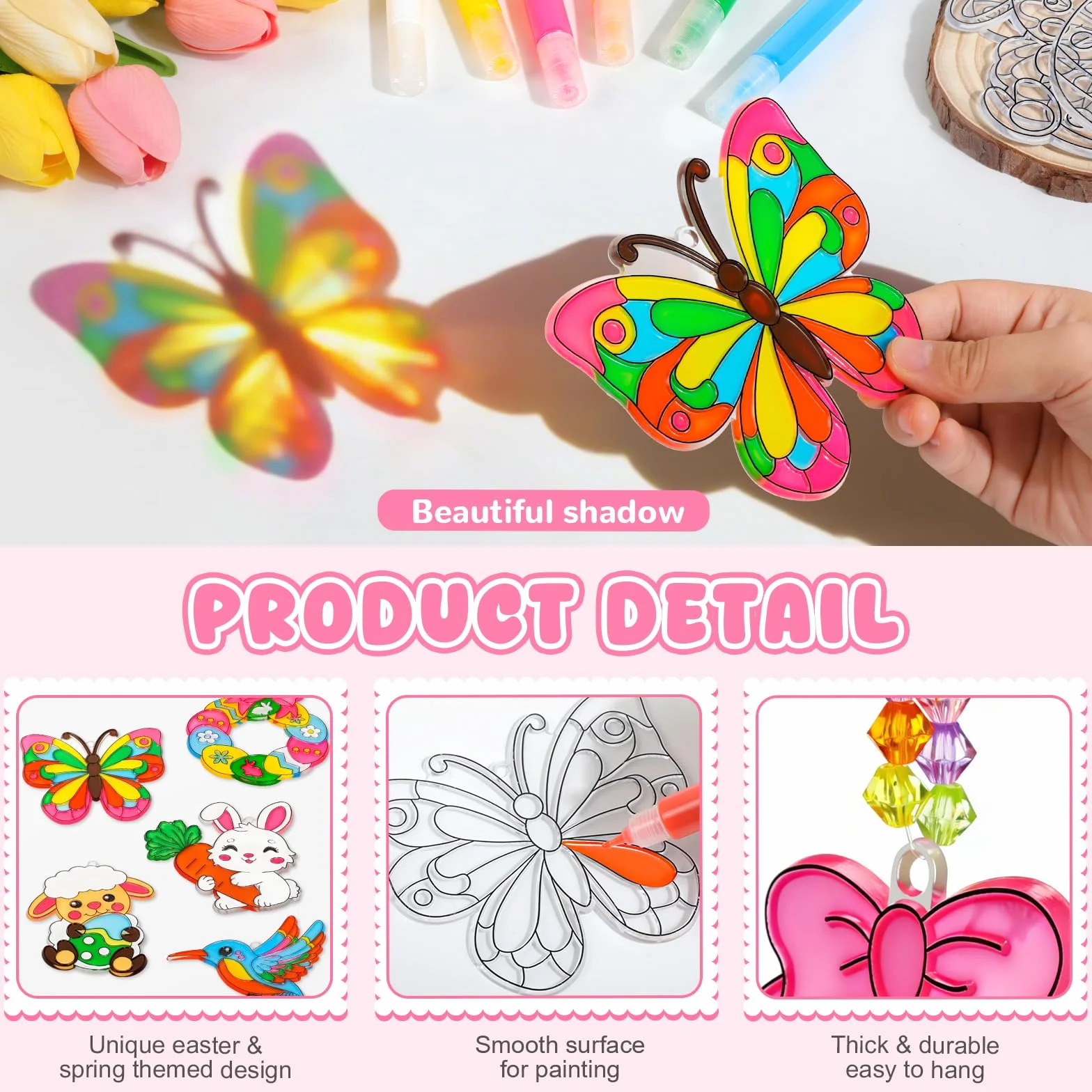 Kit de 24 Décorations Pâques à Suspendre, œufs Lapin Poulet Papillon Oiseaux à Peindre, Attrape-soleil Pendentif Fenêtre