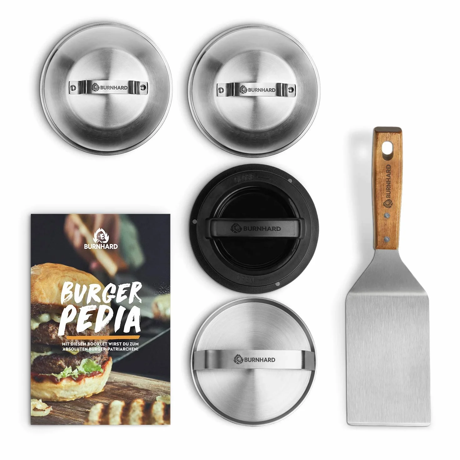 BURNHARD Kit pour Burgers 6 pièces, Moule à Steak antiadhésif, Presse à Burger, Cloches INOX