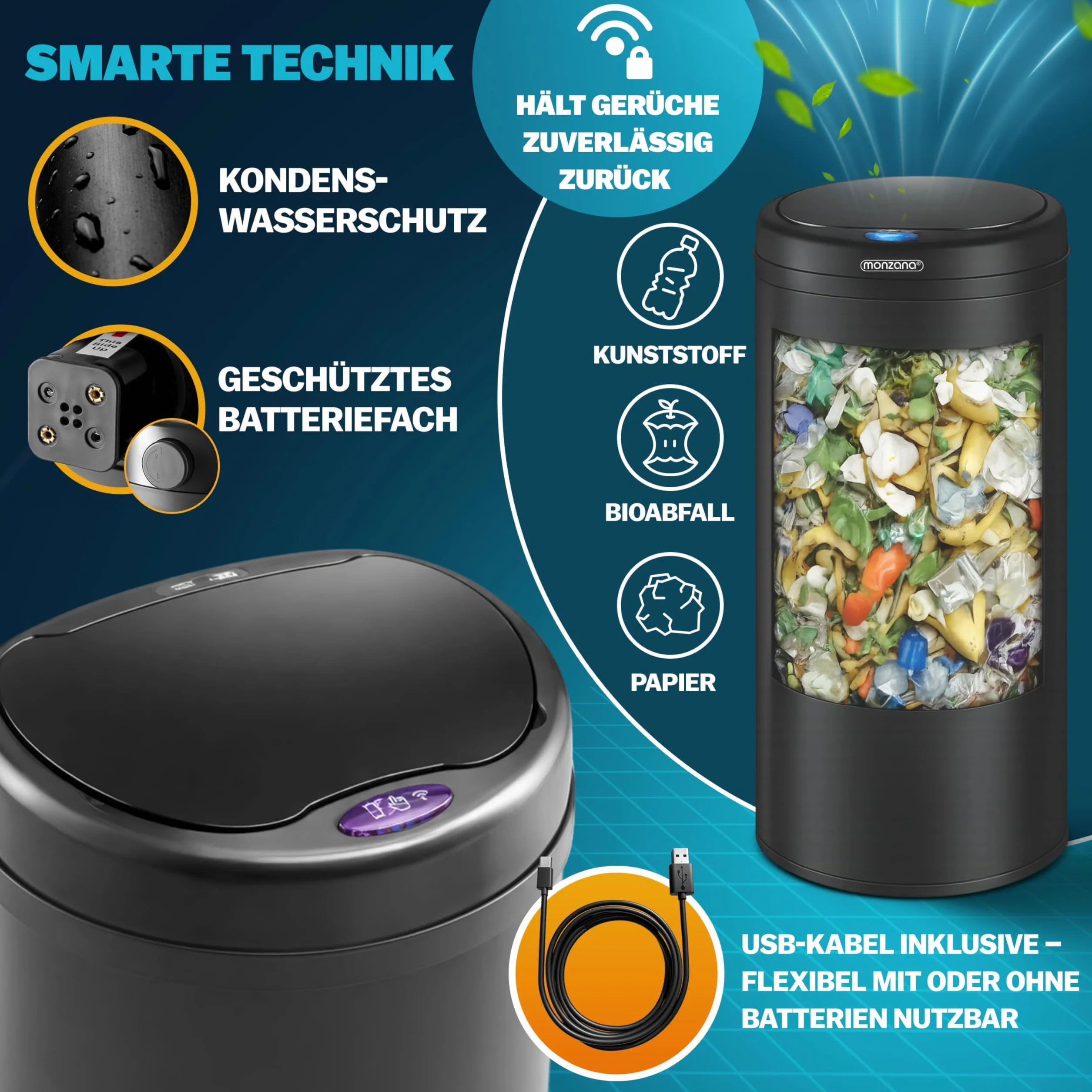 Poubelle automatique acier inoxydable 30L capteur mouvement imperméable sans contact LED USB noir