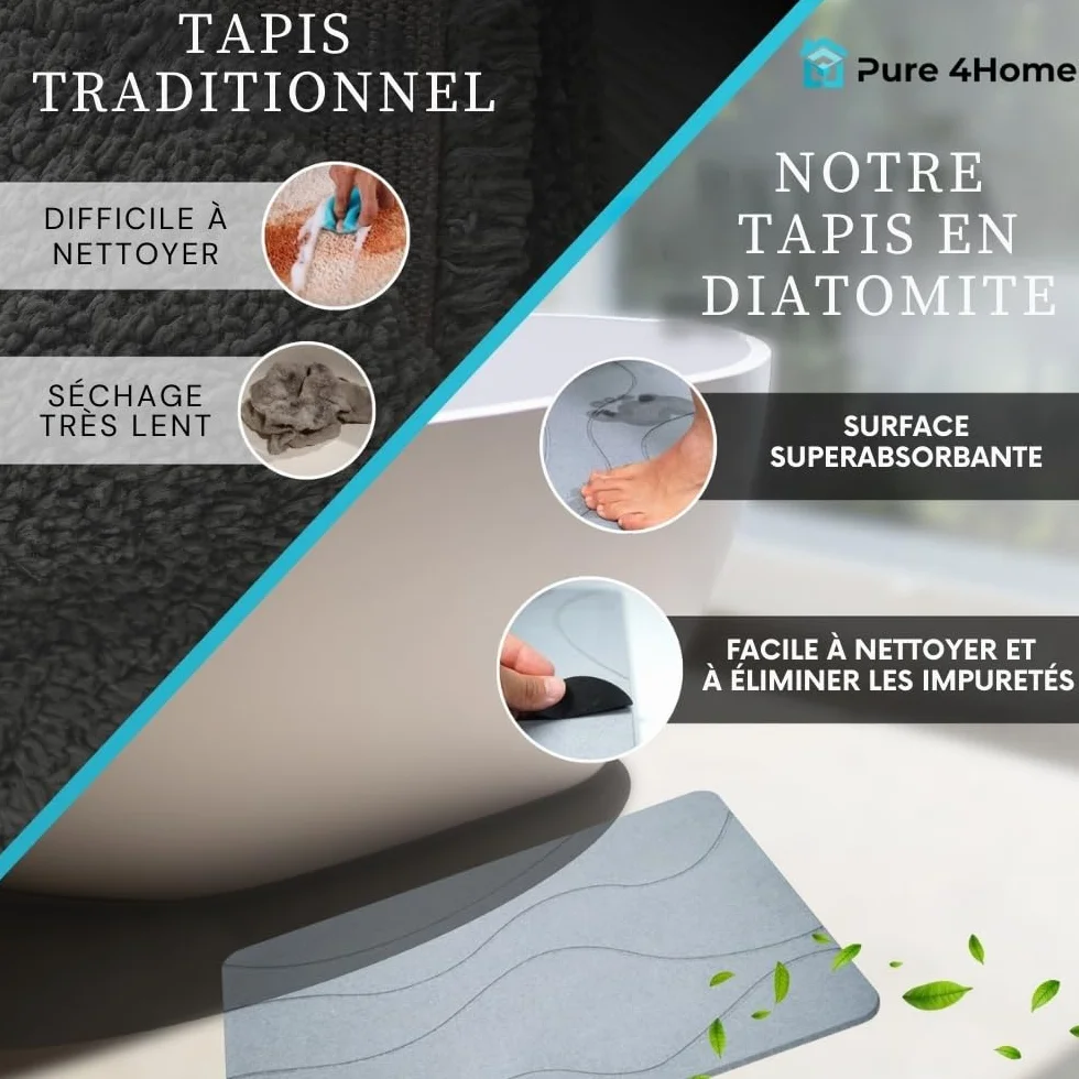 Tapis de Bain Diatomite Antidérapant 60 x 39 cm Pierre Naturelle Salle de Bain Diatomite Stone Bath Mat Waves Gray