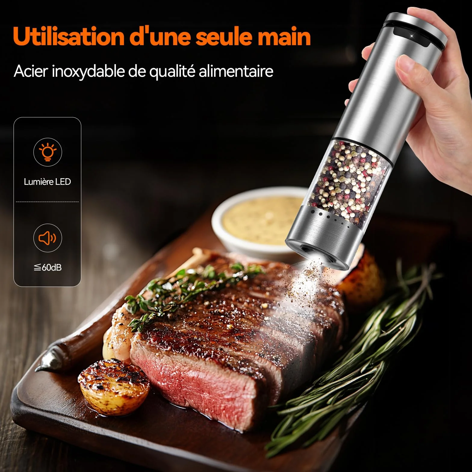 VOXON Lot de 2 moulins à sel et à poivre rechargeable USB, 5 niveaux de mouture réglable, électrique avec lumière LED