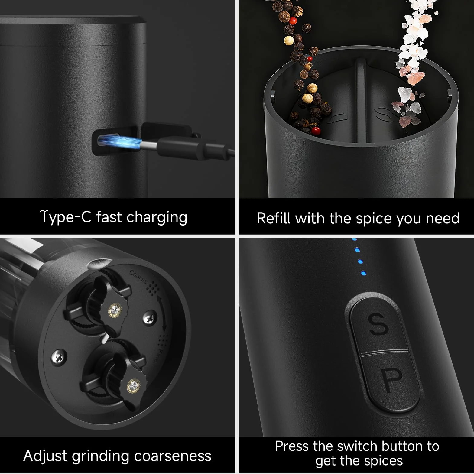 Moulin à Sel et Poivre Électrique 2 en 1 Rechargeable avec Éclairage LED, Réglable, Grande Capacité, Noir
