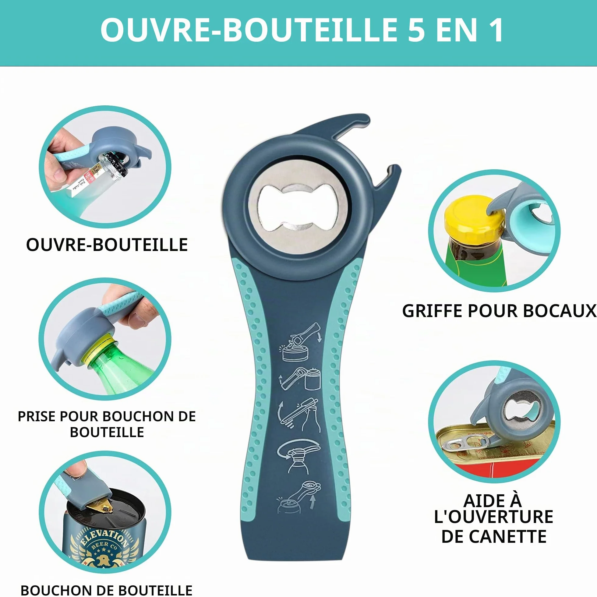 Ouvre-bocal multifonction 5 en 1 pour mains arthritiques avec tampon antidérapant