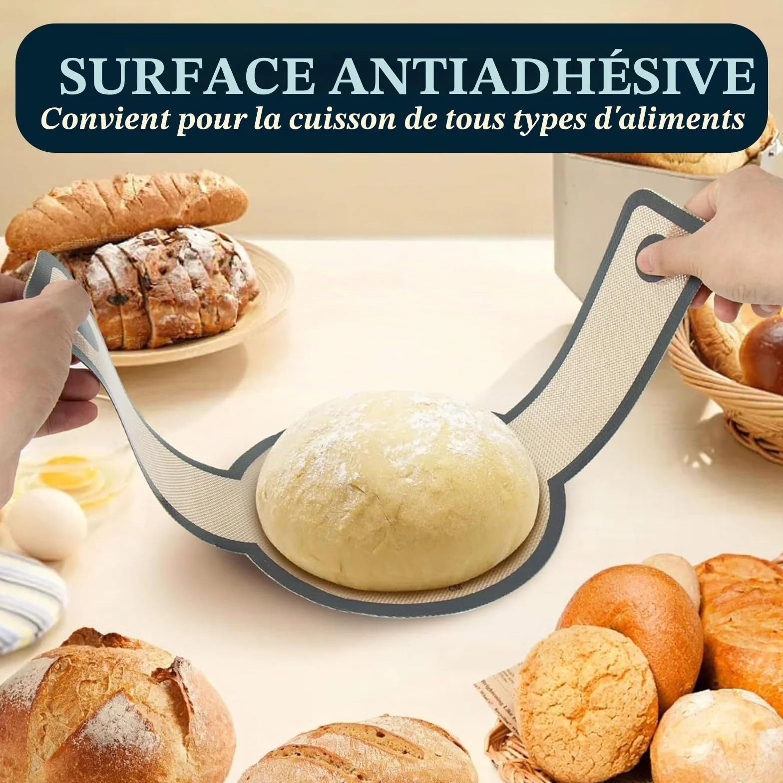 Tapis de Cuisson en Silicone pour Four Hollandais Lot de 2 Antiadhésif Réutilisable avec Poignées Anti-Brûlures Compatible Pizza Pain au Levain Rond Ovale