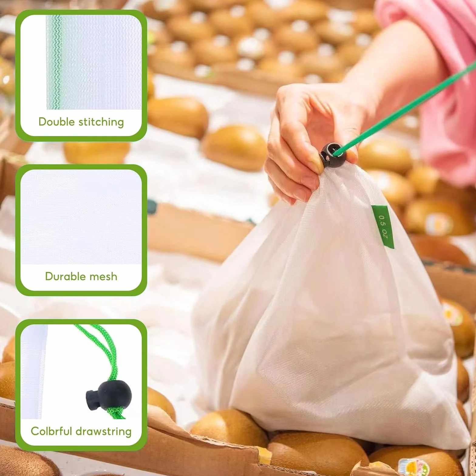 Sacs en Filet Réutilisables 8 PCS pour Fruits et Légumes avec Cordon de Serrage