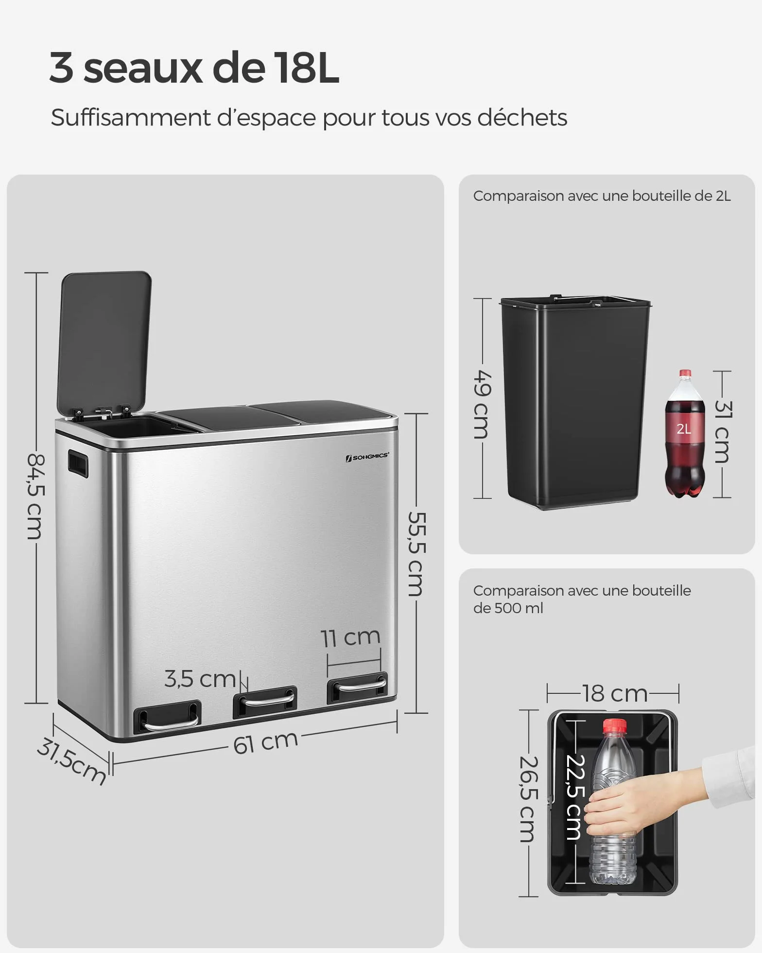SONGMICS Poubelle Cuisine 3x18L Tri Compartiments Acier Argent Métallique Noir LTB54NL