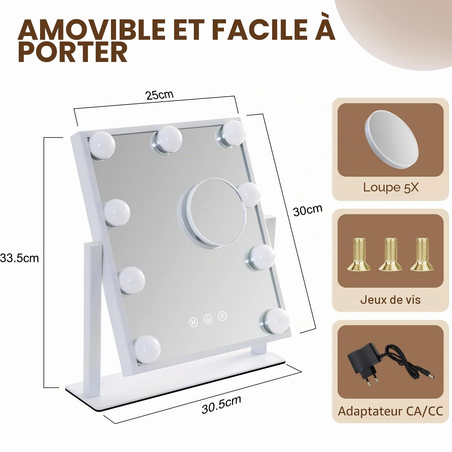 Miroir de Maquillage Hollywood avec éclairage LED 9 LED - Miroir vanité - Rotation 360° 3 Modes - Miroir de Coiffeuse Tactile