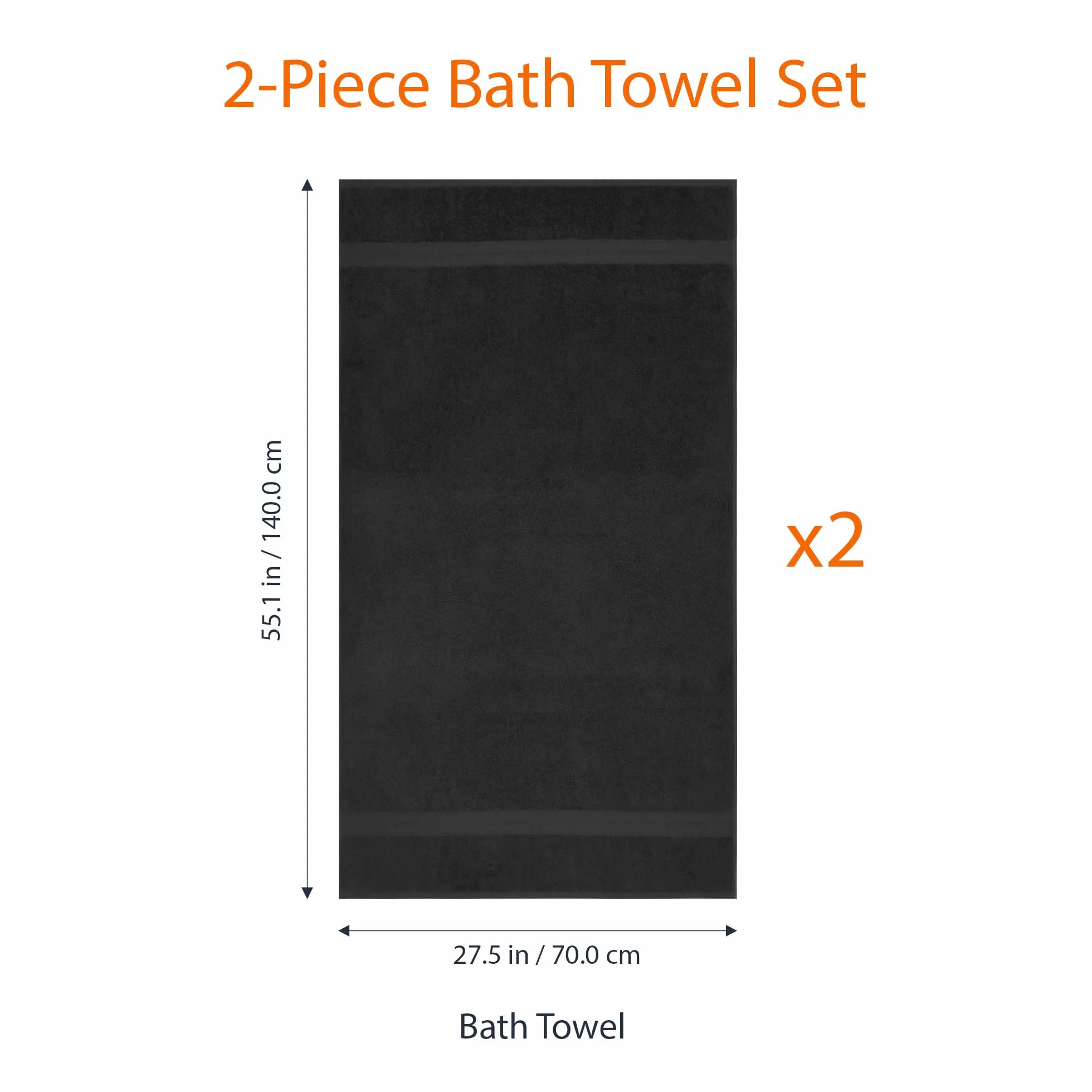 Amazon Basics Drap de Bain Grande Taille 100% Coton Anti-décoloration 70 x 140 cm Noir Lot de 2