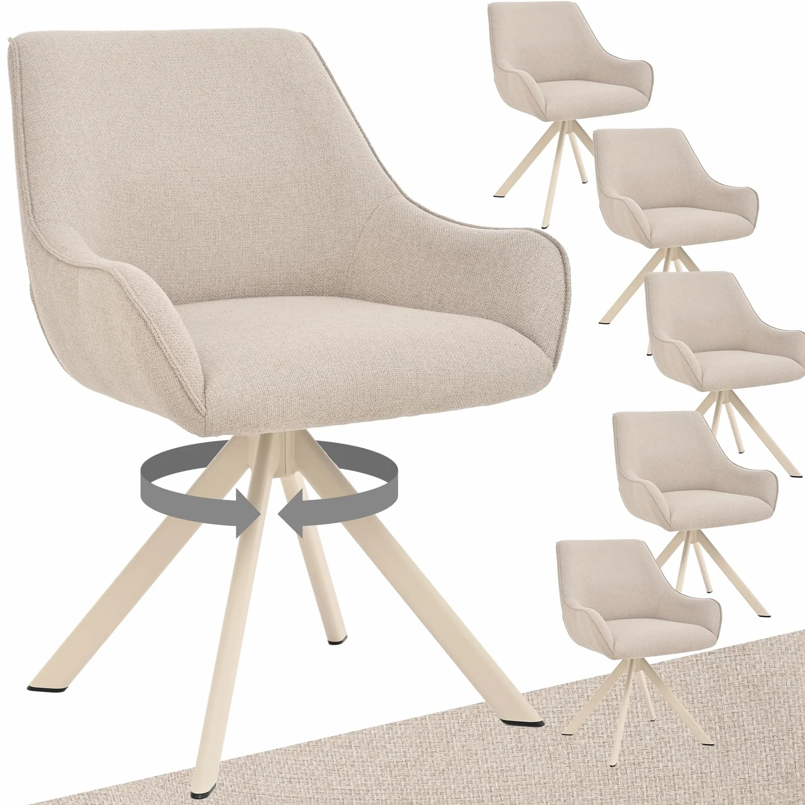 Lot de 6 chaises de salle à manger pivotantes 360° en lin beige avec accoudoirs et structure métal