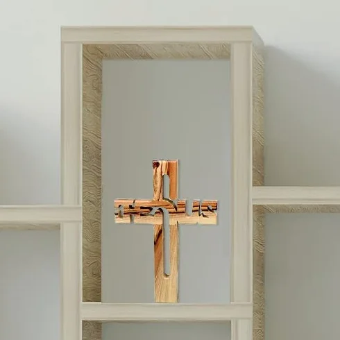 MaMeMi Croix Jésus en Olivier Fait Main Bethléem Croix Chrétienne Bois Inscription JESUS Décoration Religieuse Cadeau Communion