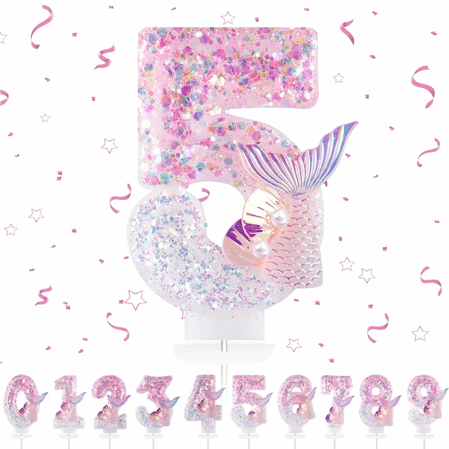 Bougies d'anniversaire Numéro 5, 3D Rose Bougie Chiffre 5, Sirènes Décoration Gâteau Anniversaire