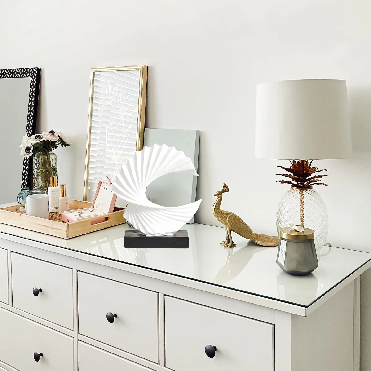 Sculpture Abstraite Base Noire Vague De L'océan Art De Table Blanc H 28cm