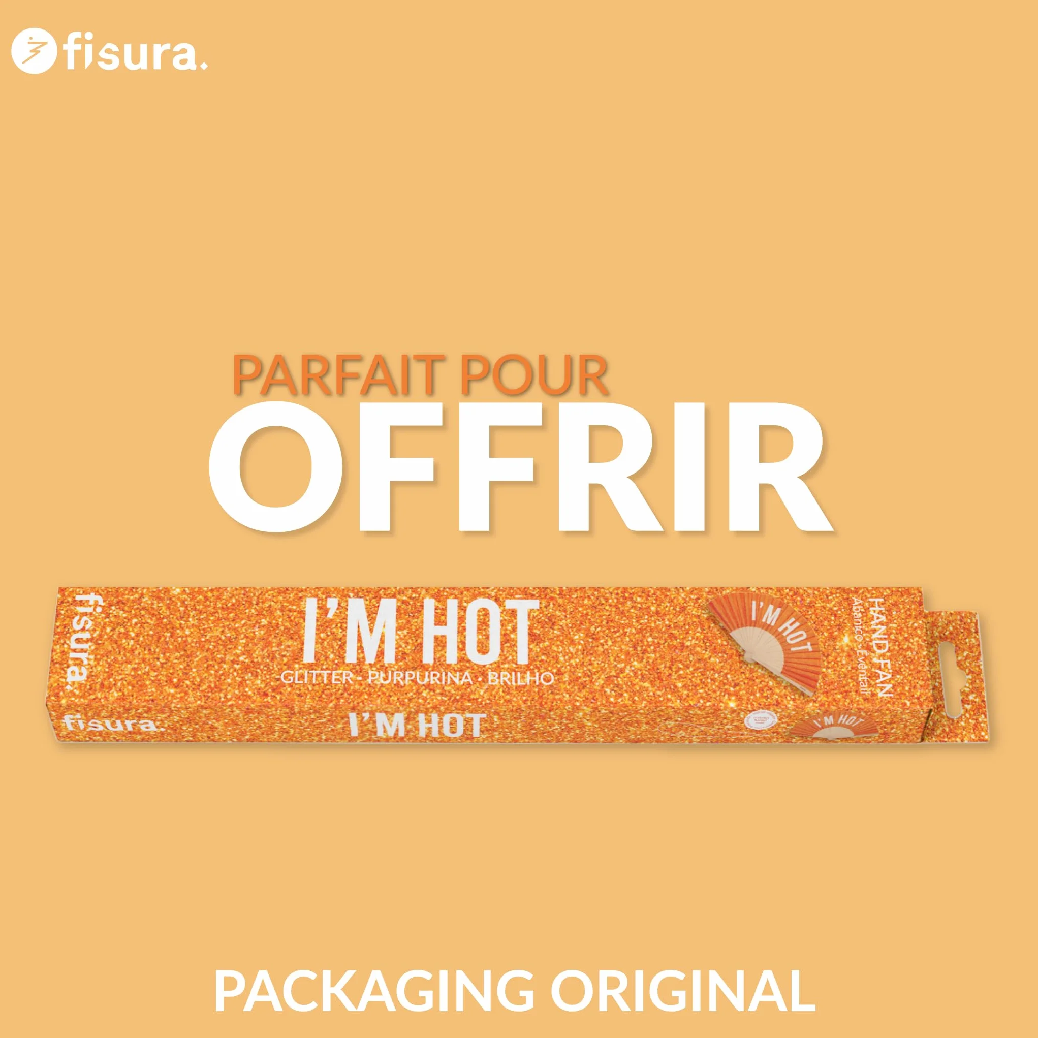 Éventail Original I'm Hot en Bois Moderne Orange Pailleté 42,5 x 23 cm