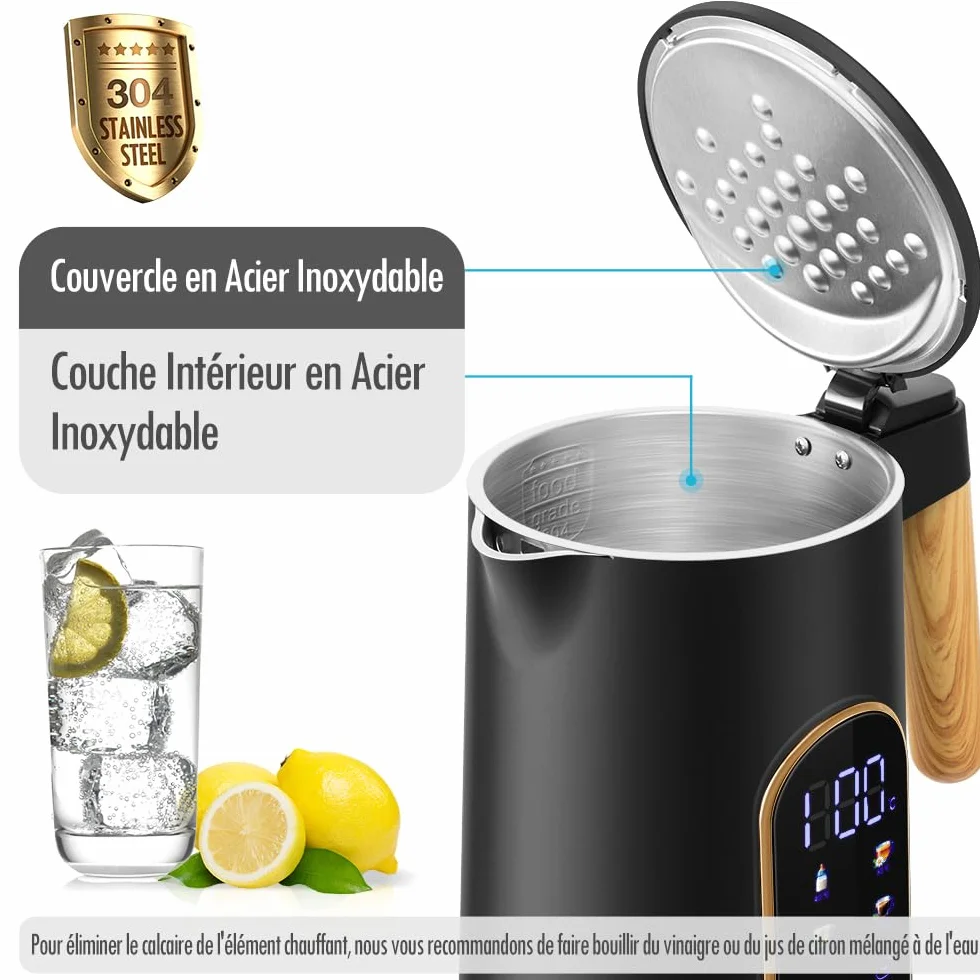 ForMe Bouilloire Electrique Inox 1,7L Contrôle de Température Réglable 40-100°C LED Affichage Maintien au Chaud