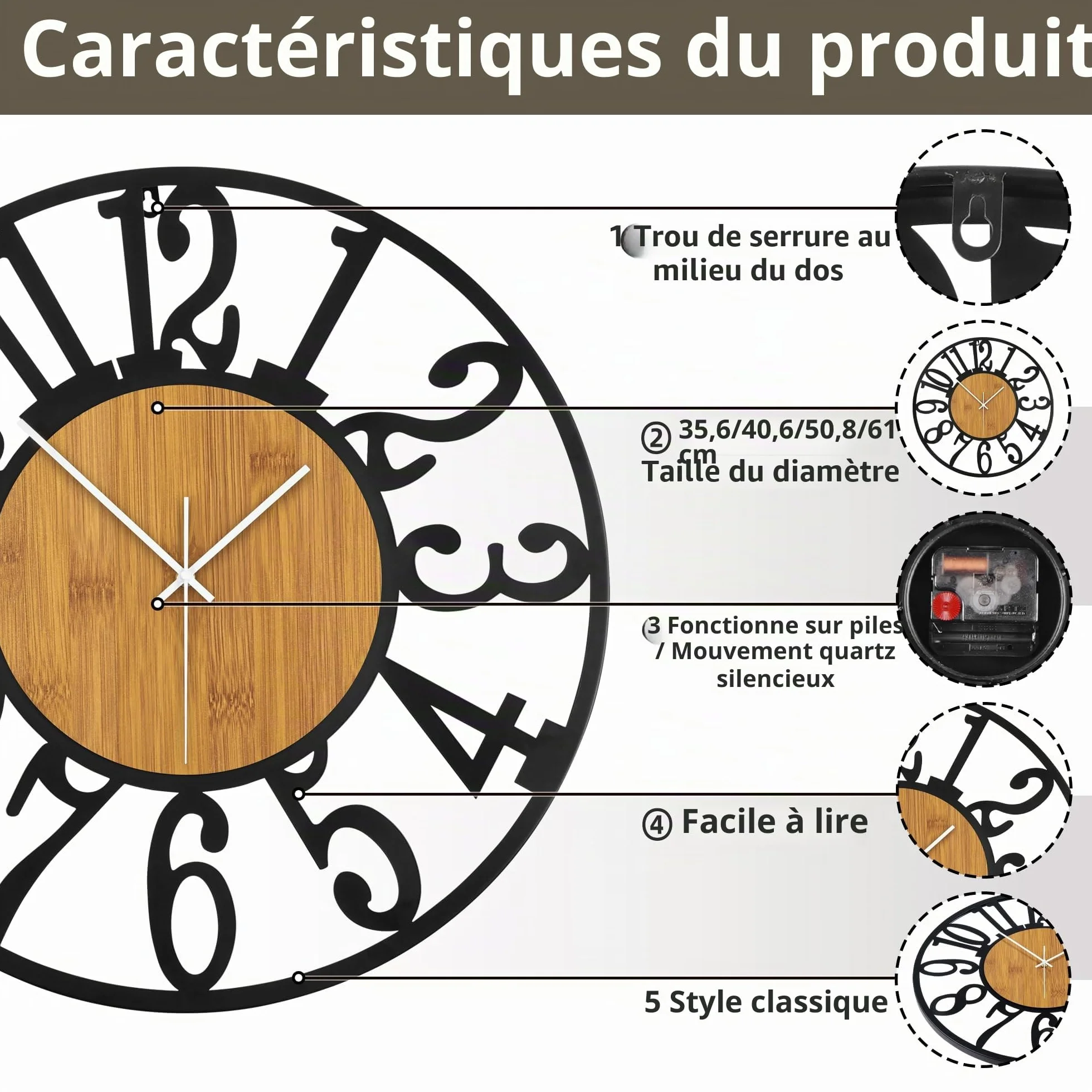 Horloge murale 50 cm silencieuse bois métal noir moderne salon cuisine