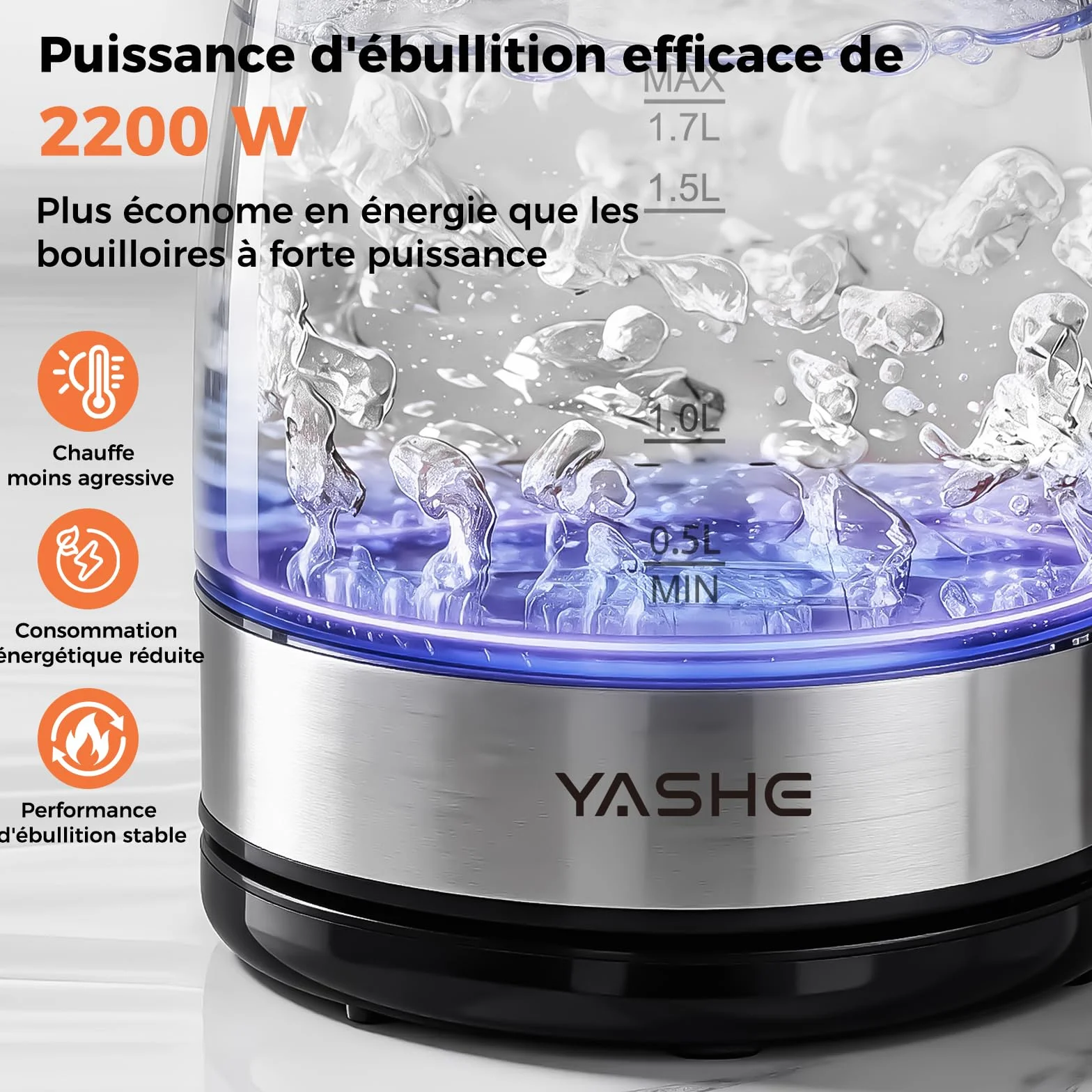 Bouilloire Électrique en Verre 1,7L 2200W avec LED Bleue et Filtre Anticalcaire