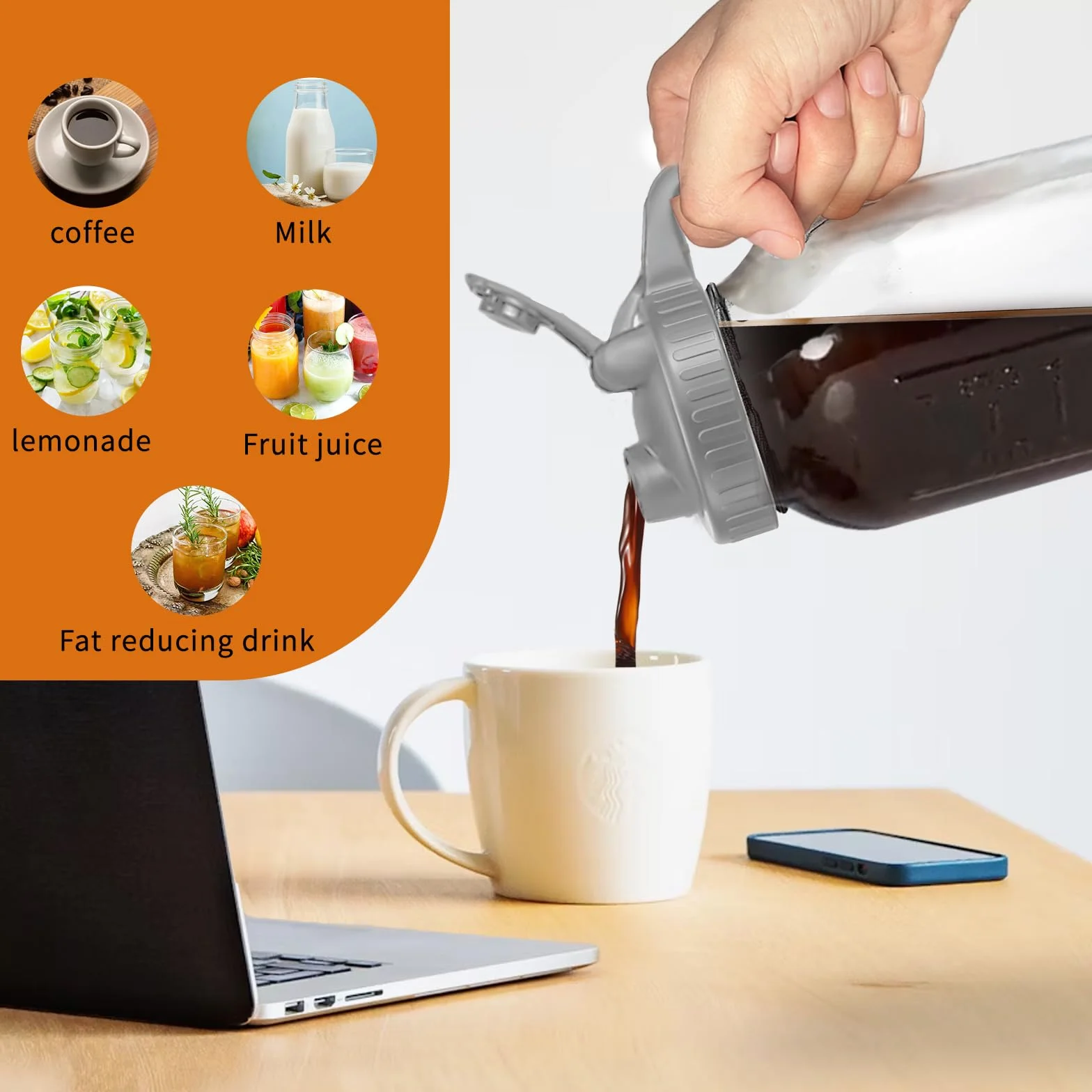 Cafetière à infusion froide 1,8 L, filtre, pichet en verre épais, couvercle étanche, brosse sans BPA, passe au lave-vaisselle (gris)