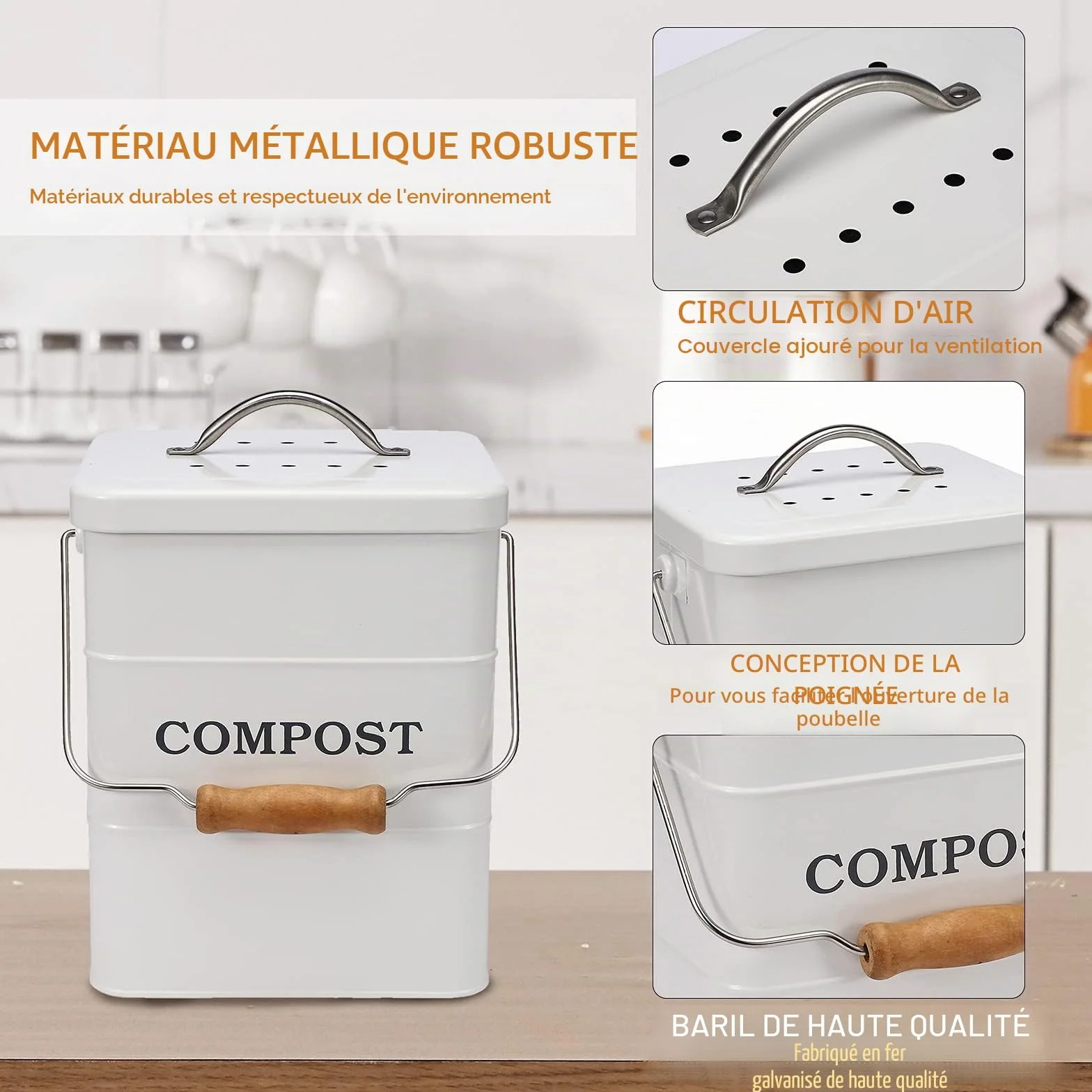 Poubelle à Compost en Acier au Carbone 6 L avec Couvercle et Filtre à Charbon Blanc