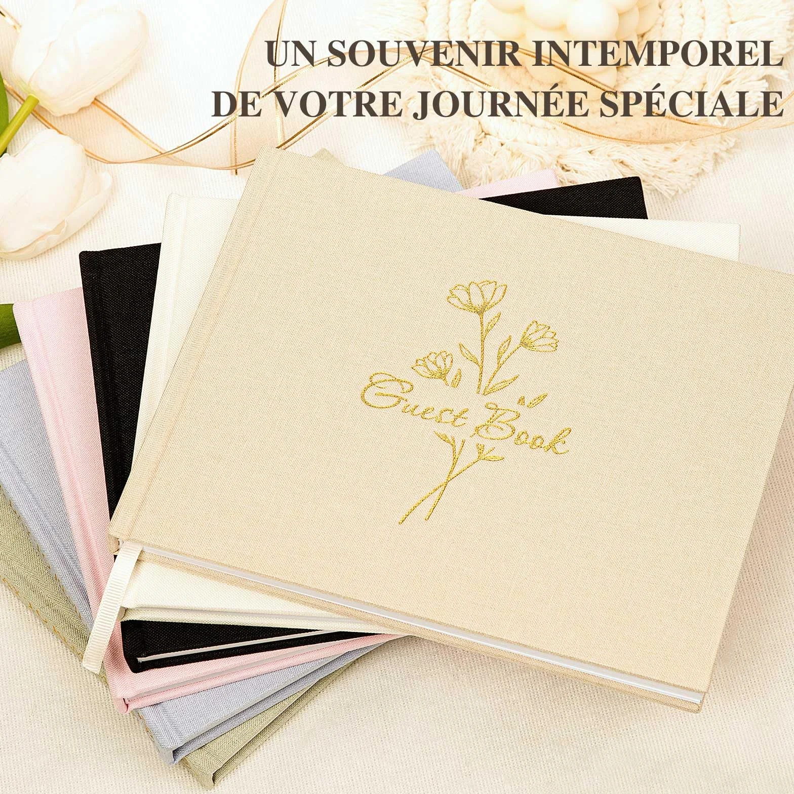 Livre d'or Mariage en Lin 108 Pages Vierges pour Anniversaire, EVJF, Noces, Baptêmes, Baby shower, Pacs (Bleu)