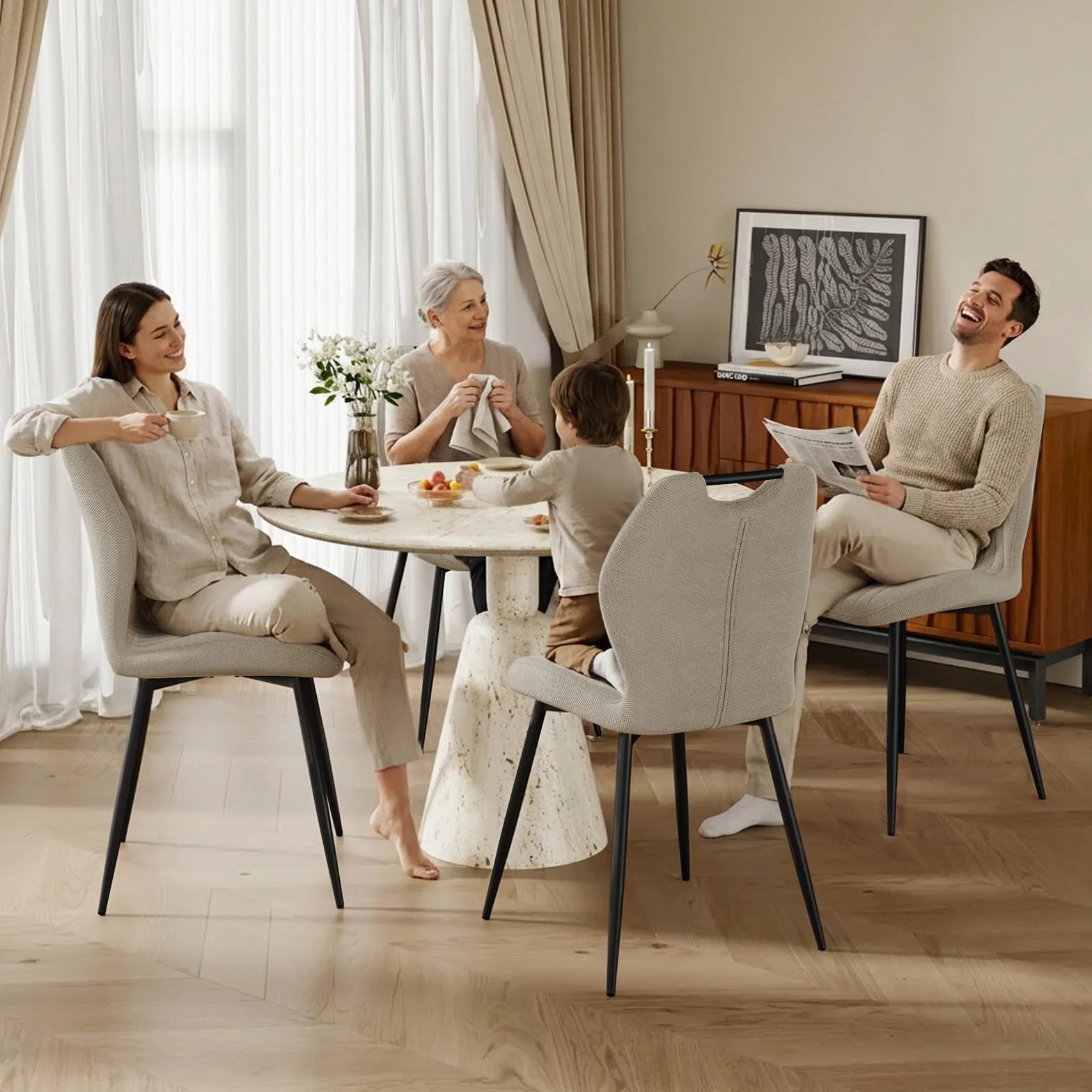 JIJIAN Lot de 6 Chaises de Salle à Manger, Chaise tapissée, Dossier en Tissu, Pieds en Métal, Gris Brun