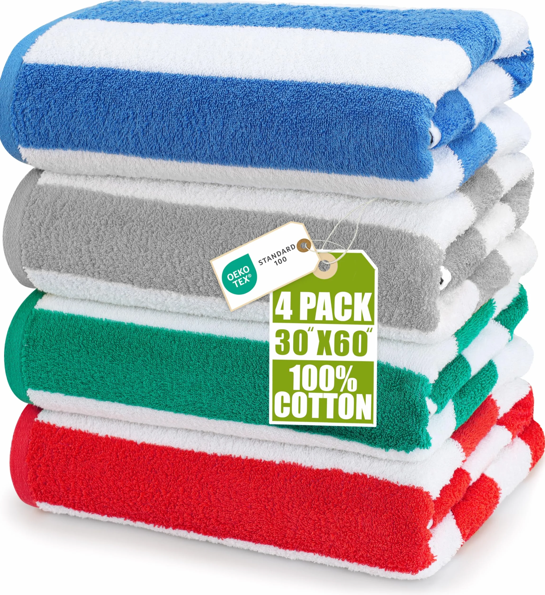 Serviettes de Plage Cabana Stripe 76 x 152 cm 100% Coton Lot de 4 Bleu Gris Rouge Vert