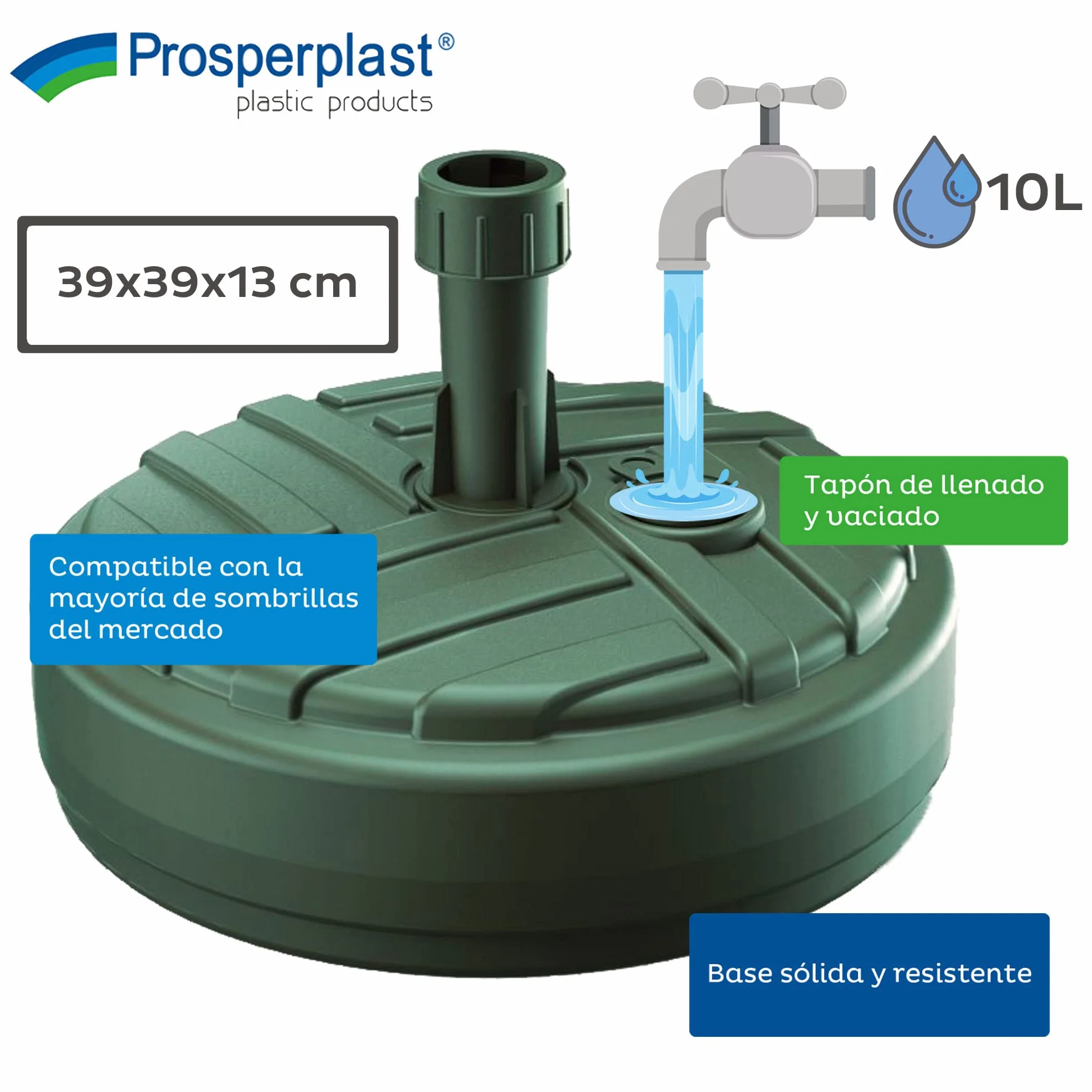 PROSPERPLAST Base de parasol polyéthylène rond Ø 39 x 13 cm vert