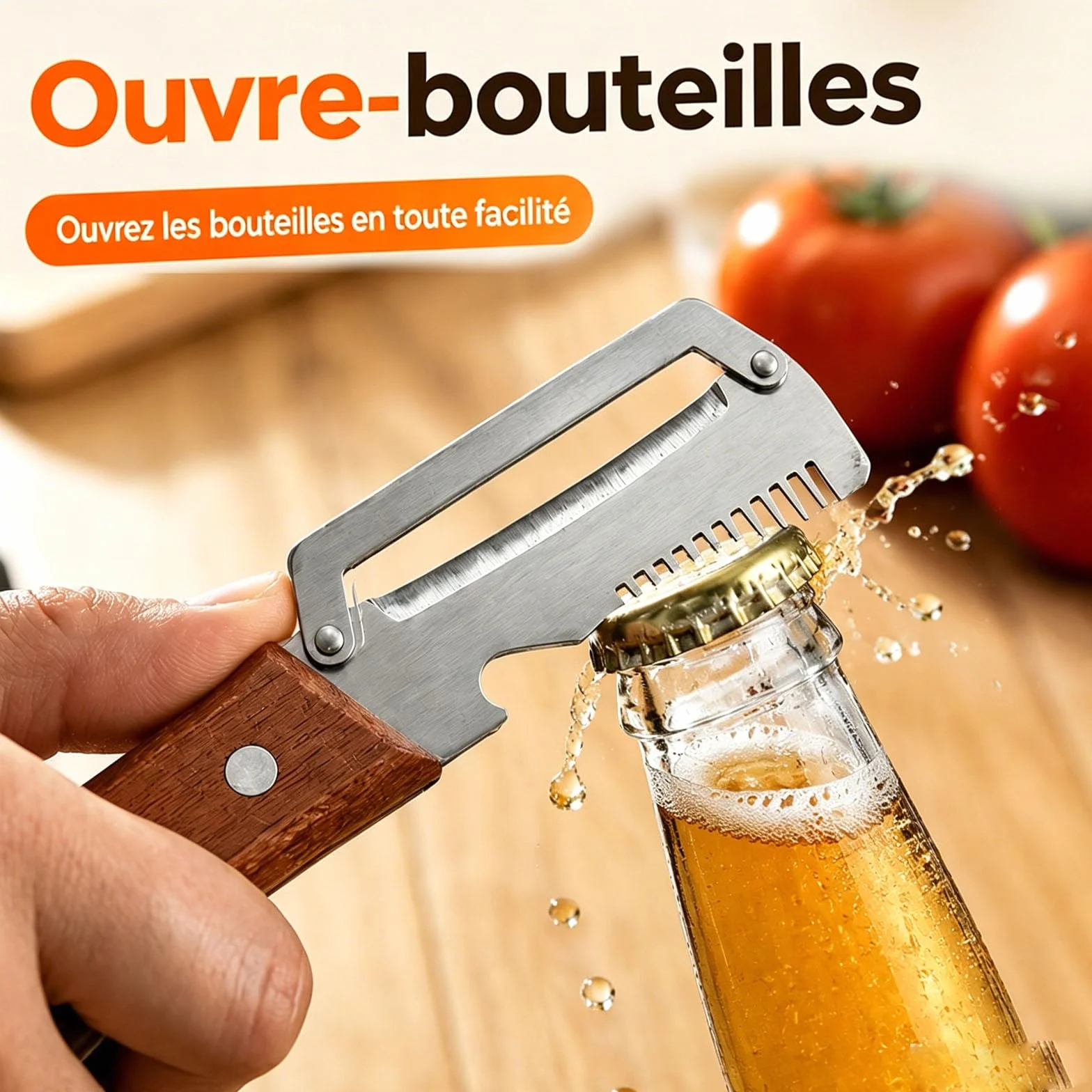 Éplucheur de légumes multifonction 5 en 1 avec lame en acier inoxydable, manche en bois, décapsuleur, écailleur à poisson et coupe-oignon