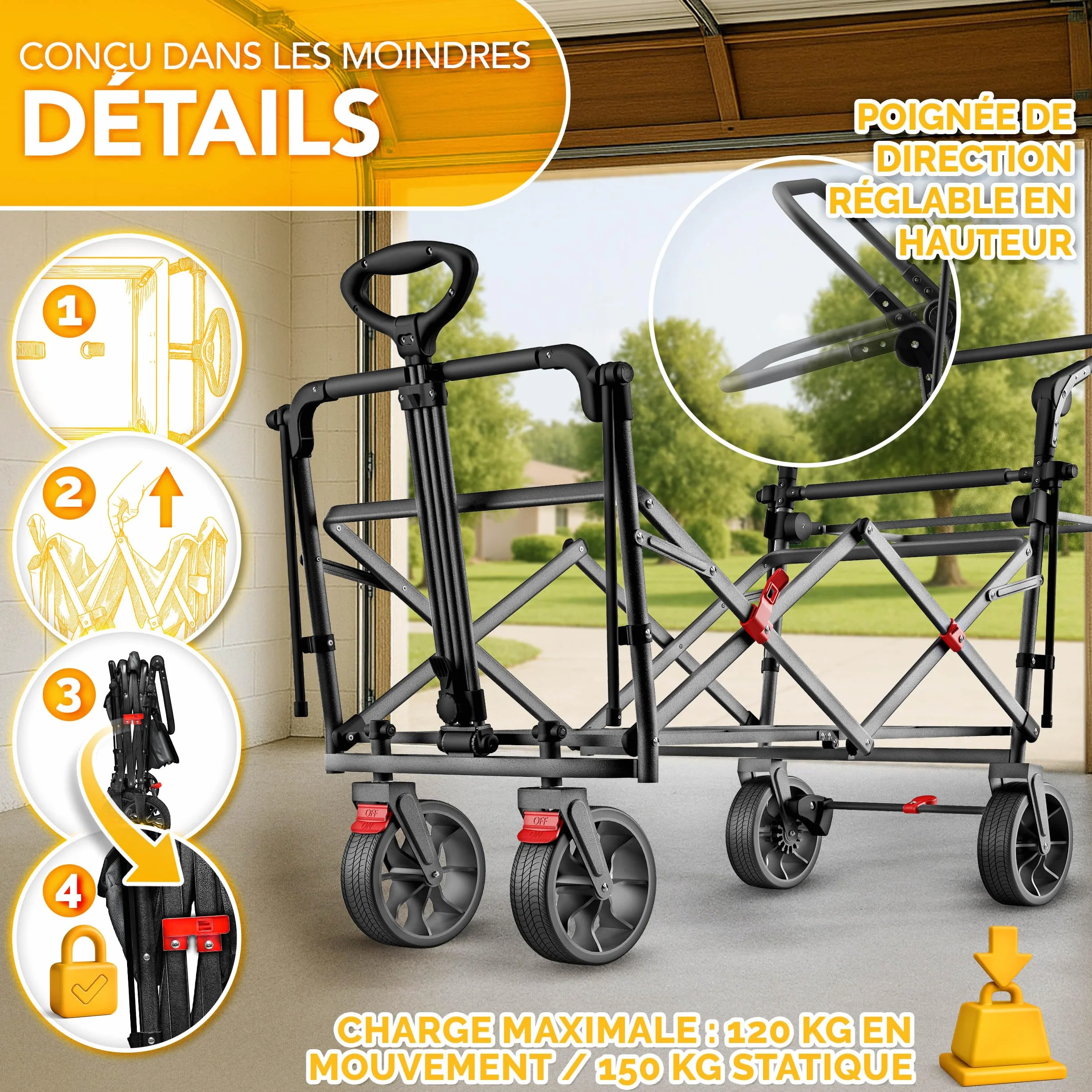TRESKO Chariot de transport pliable 150 kg avec compartiment isotherme et stores latéraux